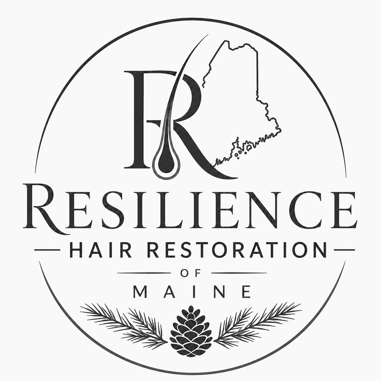 Logo for Resilience Hair Restoration of Maine featuring a map of Maine, pine cone, and pine branches.