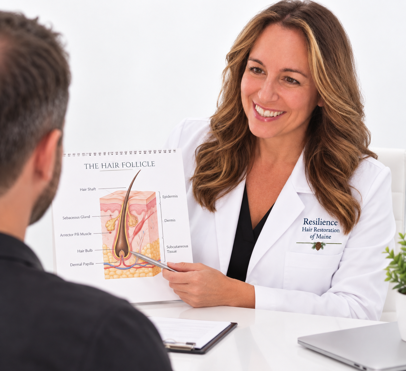 A woman in a white medical coat showing a diagram of the hair follicle to a man sitting across from her.