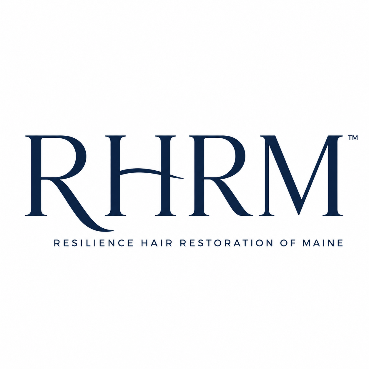 Logo for RHRM, Resilience Hair Restoration of Maine, featuring large stylized letters RHRM with a curved line through the middle.