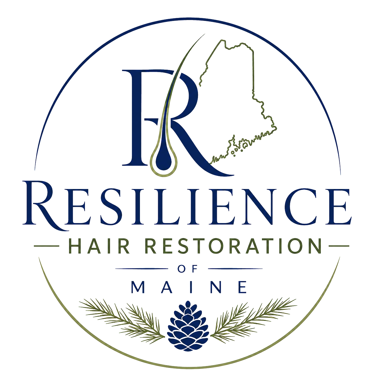 Logo for Resilience Hair Restoration of Maine featuring a stylized hair follicle, the outline of the state of Maine, pine branches, and a pine cone with blue and green text.