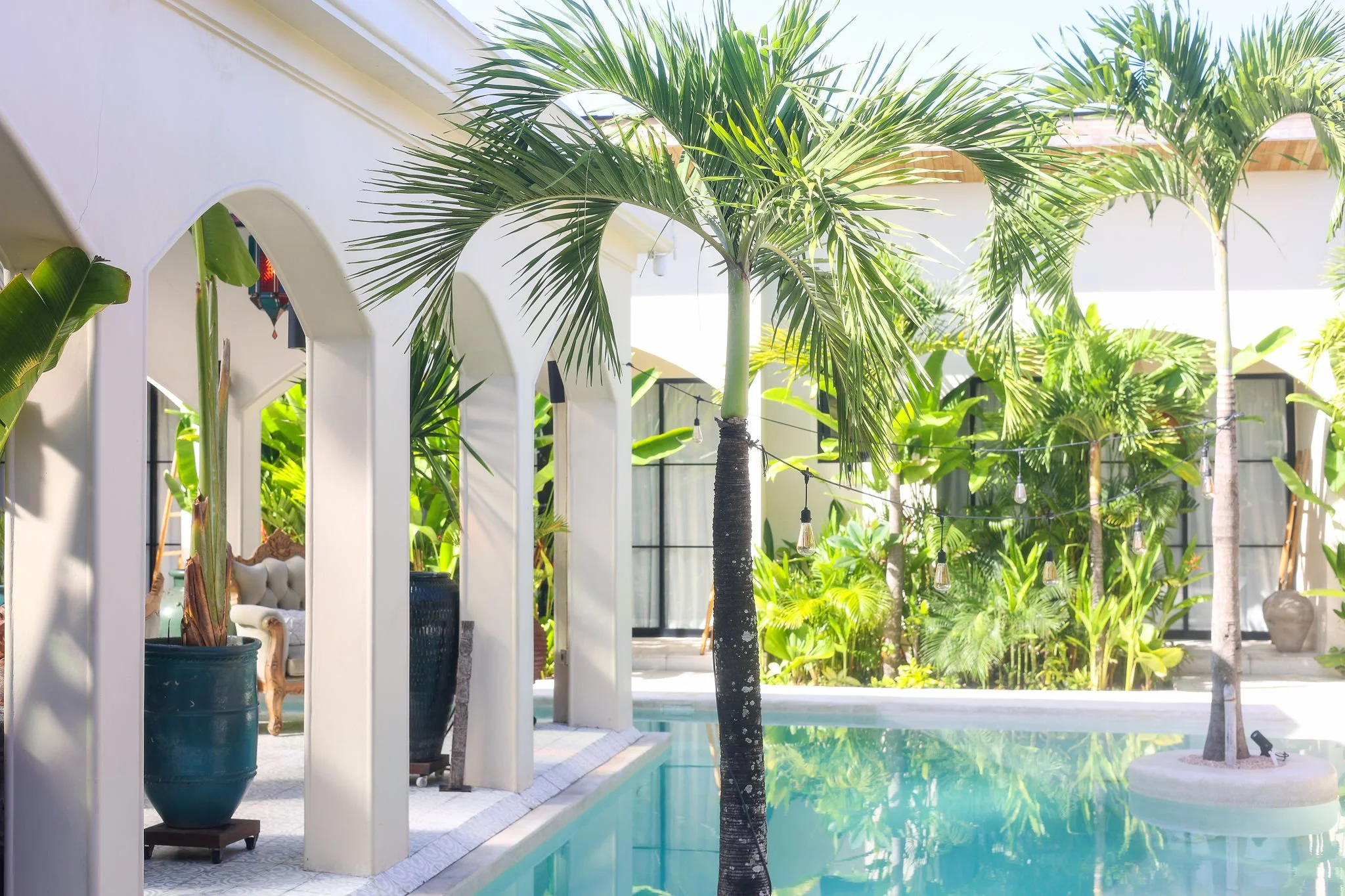 A backyard with a pool surrounded by tropical plants such as palm trees, banana plants, and other lush greenery, with a white deck and string lights hanging overhead.