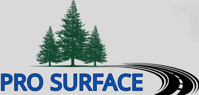 Logo with three evergreen trees, wavy line, and a road designed with dashed lines, with the text 'PRO SURFACE' in blue.