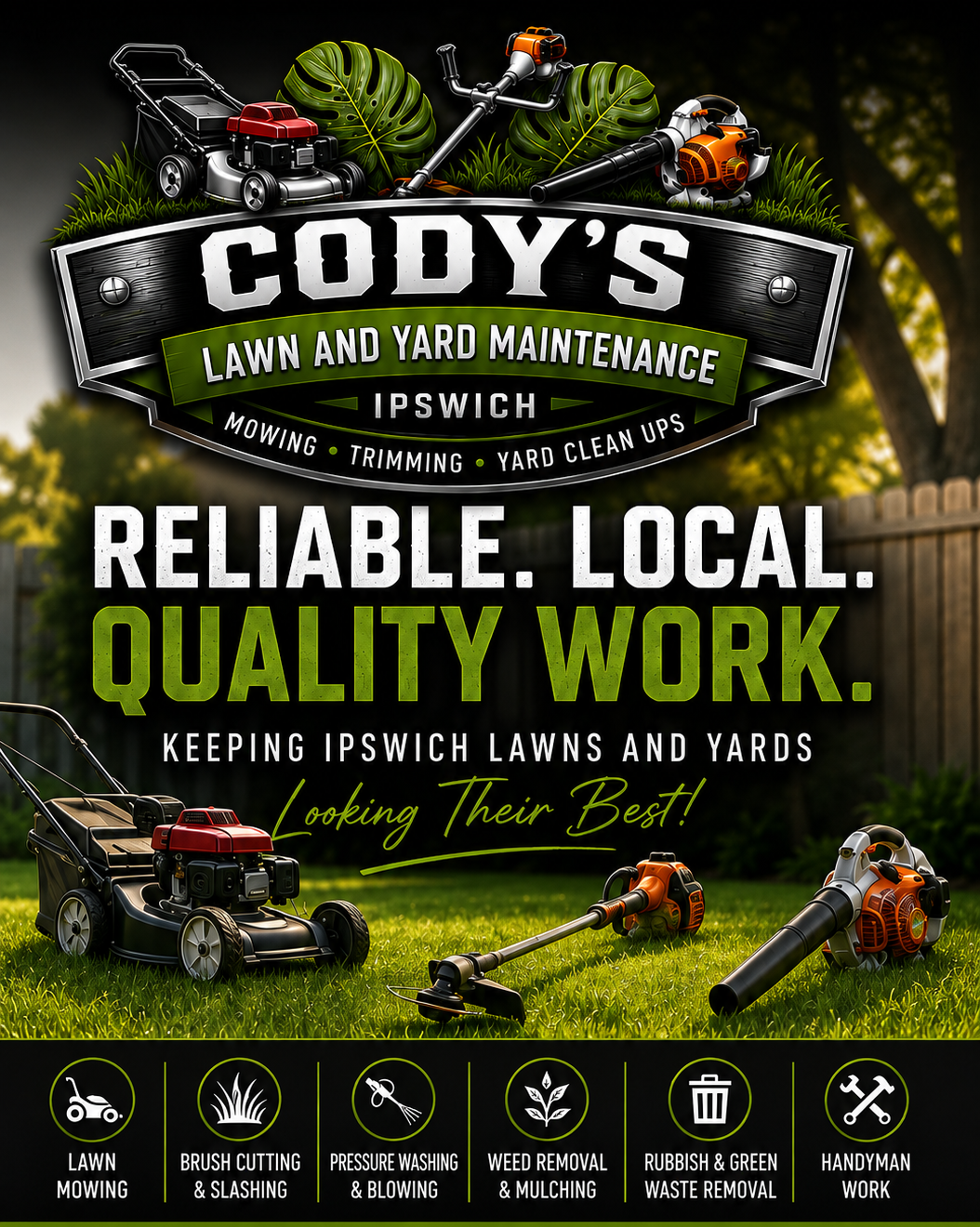 Promotional poster for Cody's Lawn and Yard Maintenance featuring lawn equipment such as a lawn mower, leaf blower, and weed trimmer on a green lawn. The poster highlights services including mowing, trimming, yard clean ups, weed removal, and green waste removal, emphasizing reliability, local service, and quality work.