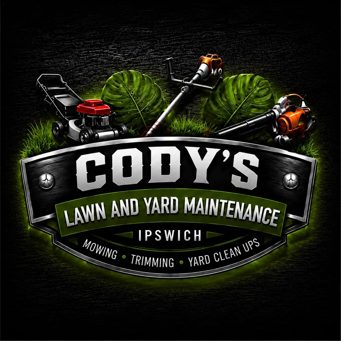 A logo for Cody's Lawn and Yard Maintenance in Ipswich featuring lawn equipment, large leaves, and grass with black and green color scheme.