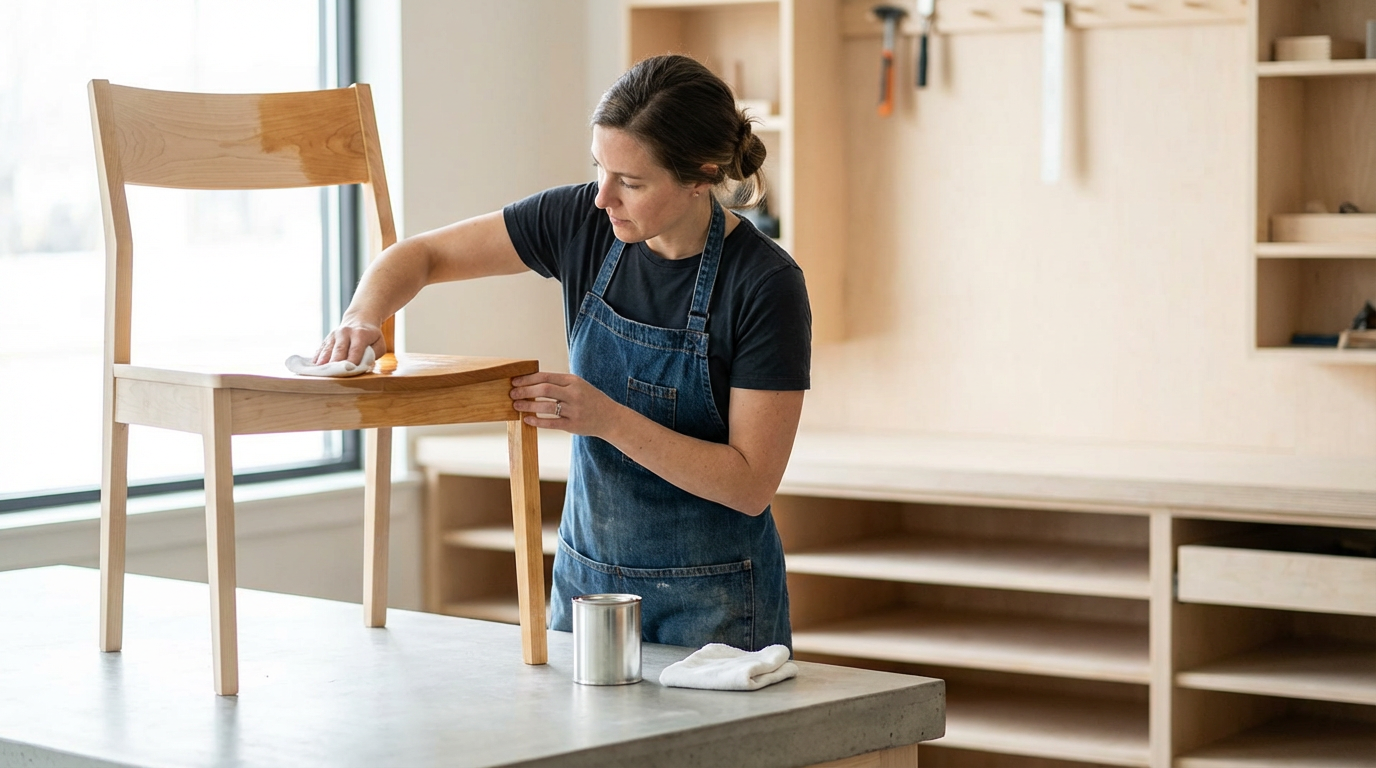 Woman refinishing a wooden chair by wiping it with a cloth in a well-lit workshop.