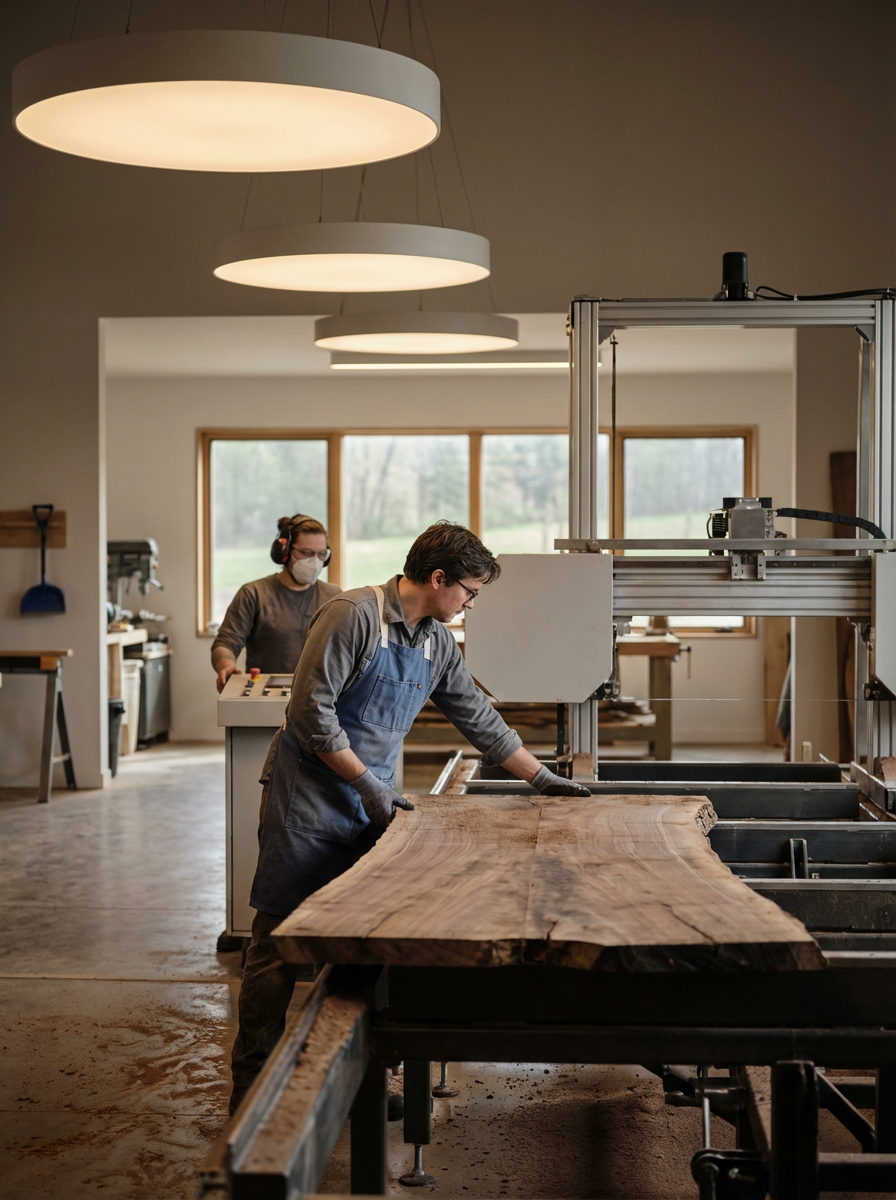 Two people working with a large wooden slab in a woodworking shop, wearing protective masks and gloves, with woodworking machinery and large windows in the background.