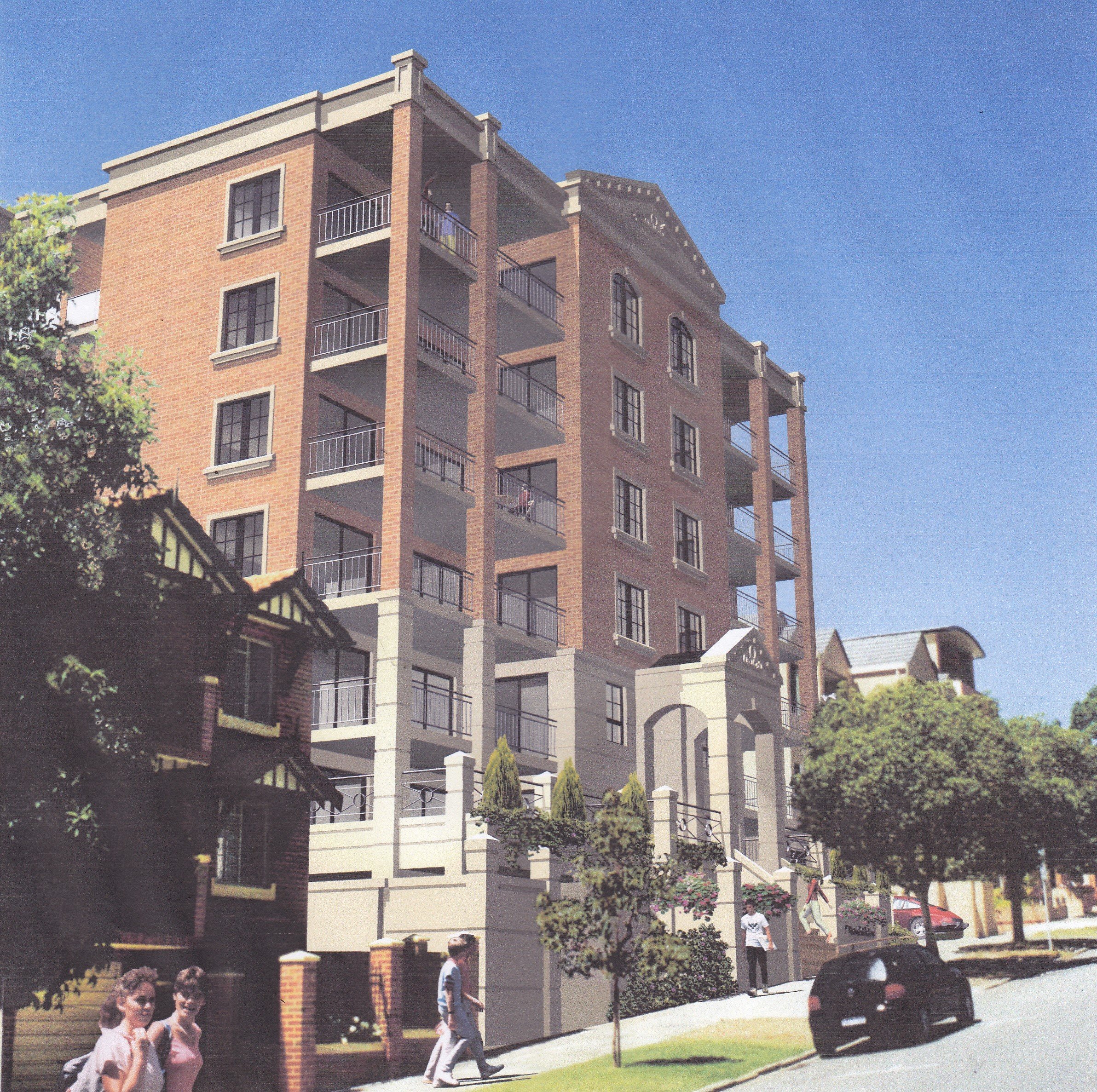 Multi-story brick residential building with balconies, located on a tree-lined street under clear blue sky, with pedestrians and parked cars in front.