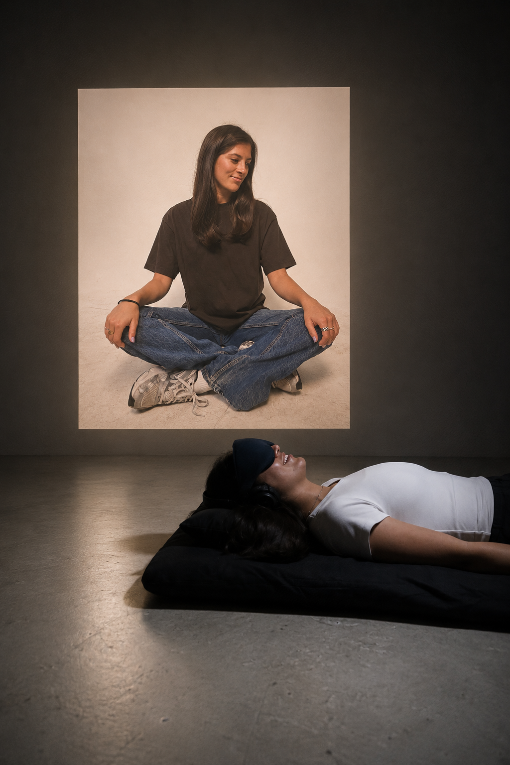 A woman is lying on the floor with a black pillow and wearing a sleep mask, while a large portrait of another woman sitting cross-legged is projected on the wall behind her.