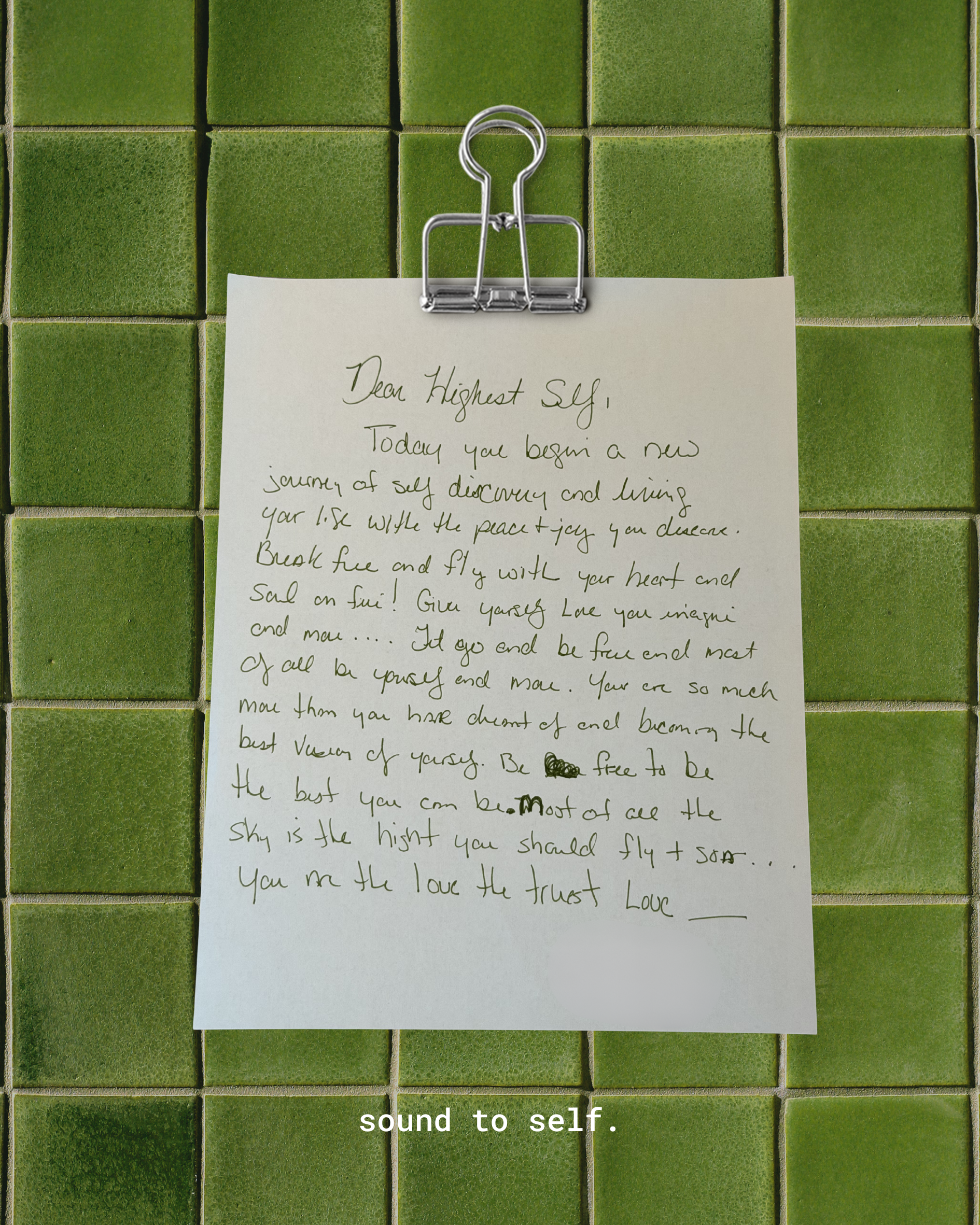 A handwritten letter attached to a green tiled wall with a silver binder clip. Subtitles on the image read 'sound to self.'