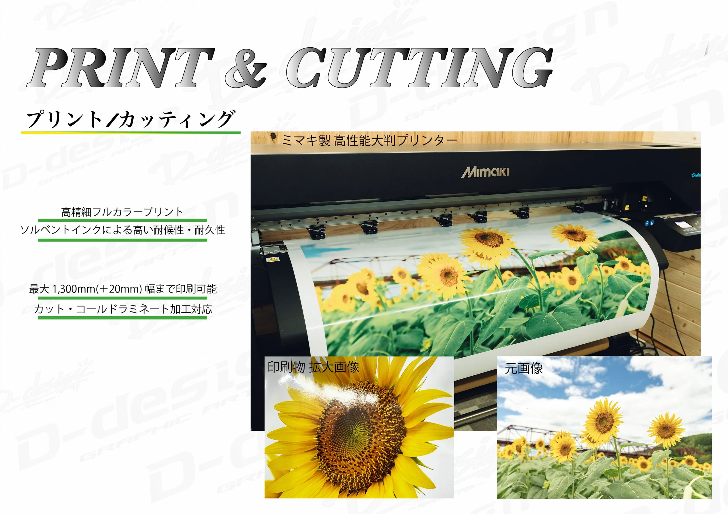 プリント＆カッティングの広告画像。大きなプリンターで向日葵の写真を印刷中。