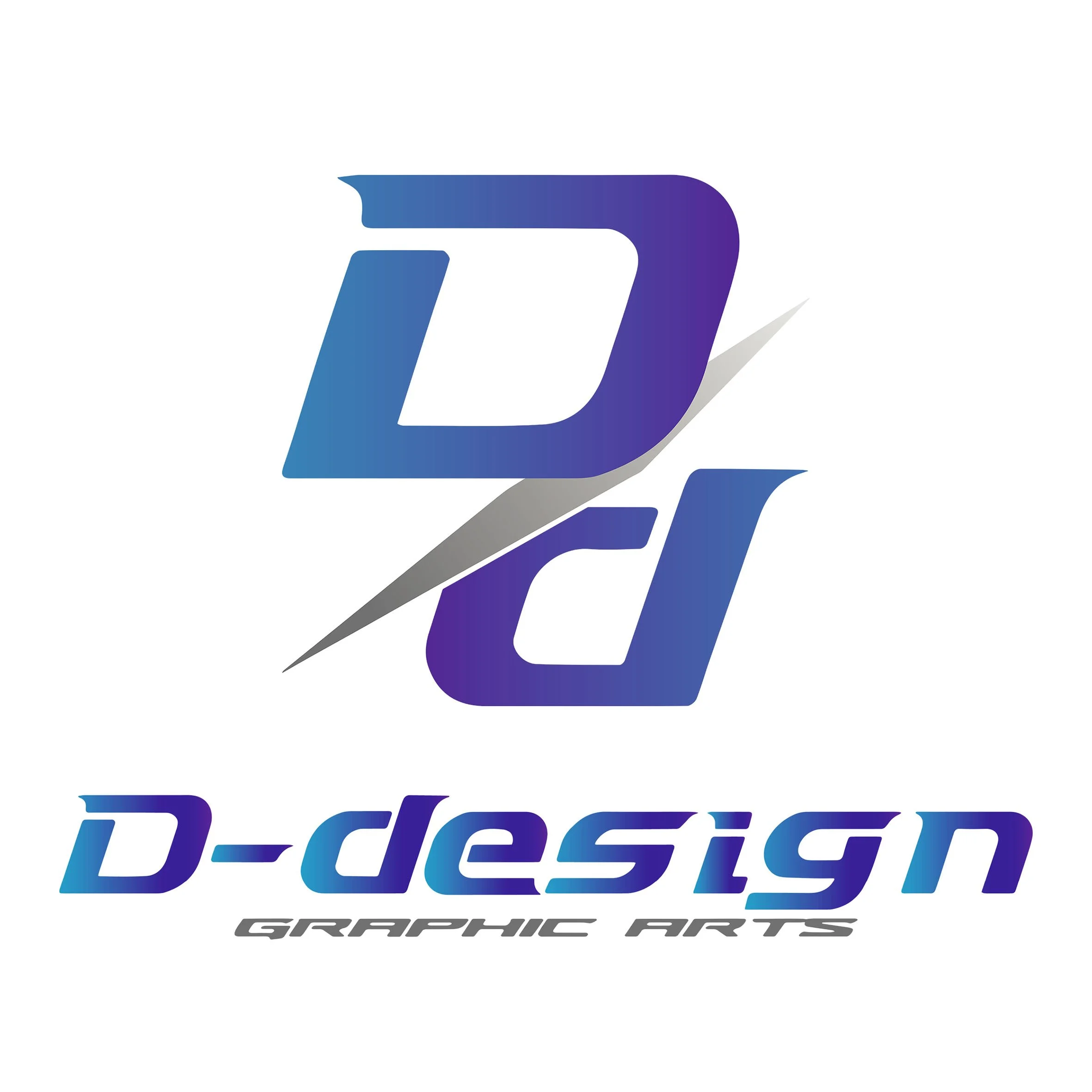 青と紫のグラデーションのロゴと文字で「ディーデザイン」と書かれ、その下に灰色の文字で「GRAPHIC ARTS」と記載されたロゴデザイン。　ロゴには斜めにDとdの間に前に進む新しいデザインを切り込む意味で剣のような柄が入っている。