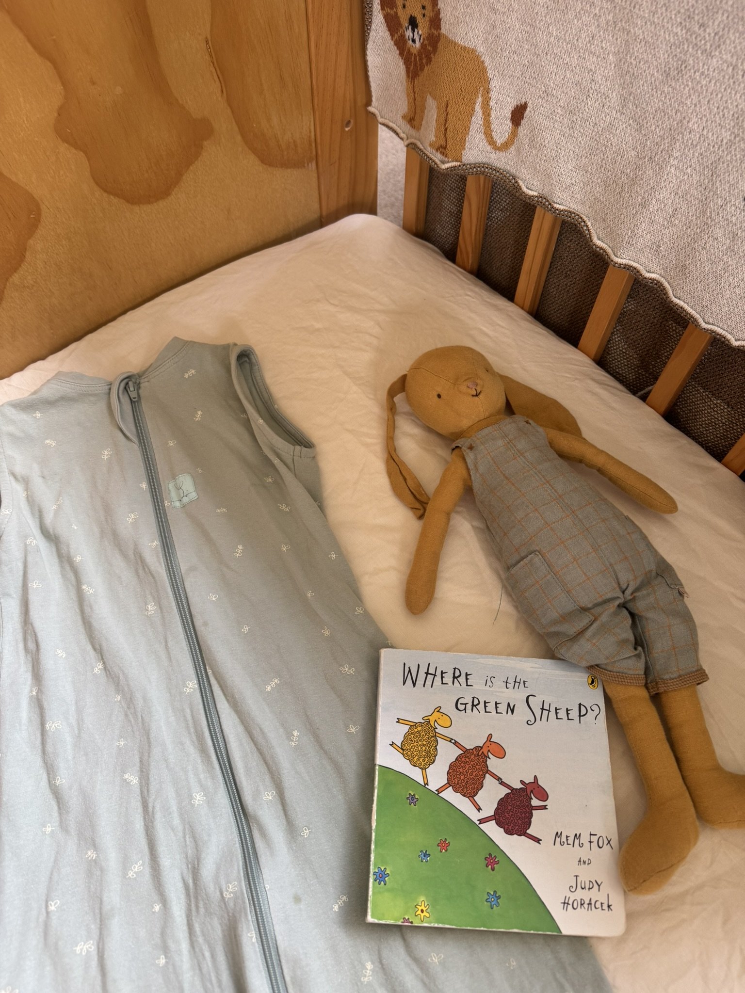 A stuffed animal bunny lying in a cot beside an infant sleep sack and a childrens book.