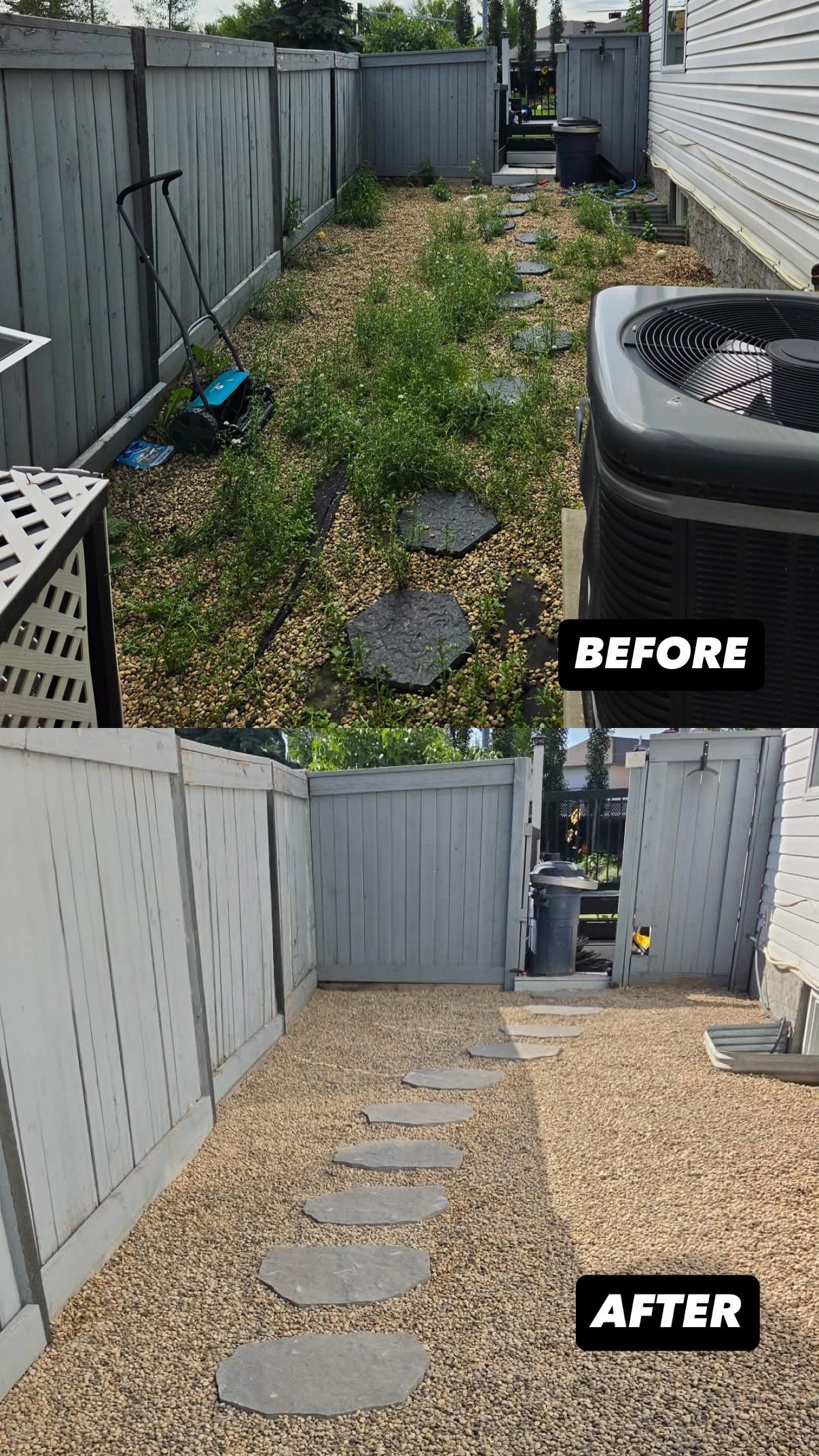 The top image shows a neglected backyard with overgrown weeds, a gravel surface, and stepping stones, while the bottom image depicts a renovated backyard with a clean gravel surface and new stepping stones along a white fence.