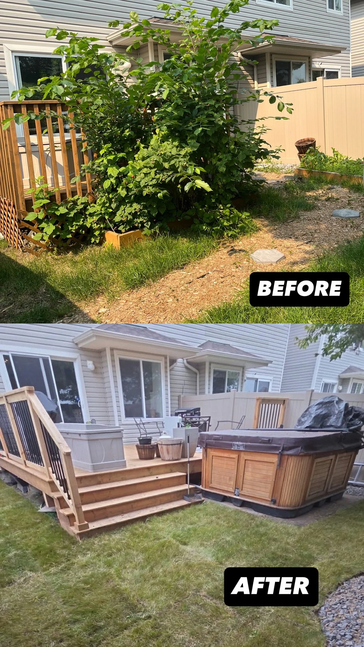 Side-by-side comparison of a backyard before and after landscaping. The 'before' image shows a large, overgrown bush, and the 'after' image shows a cleaned, organized yard with a deck, hot tub, and outdoor furniture.