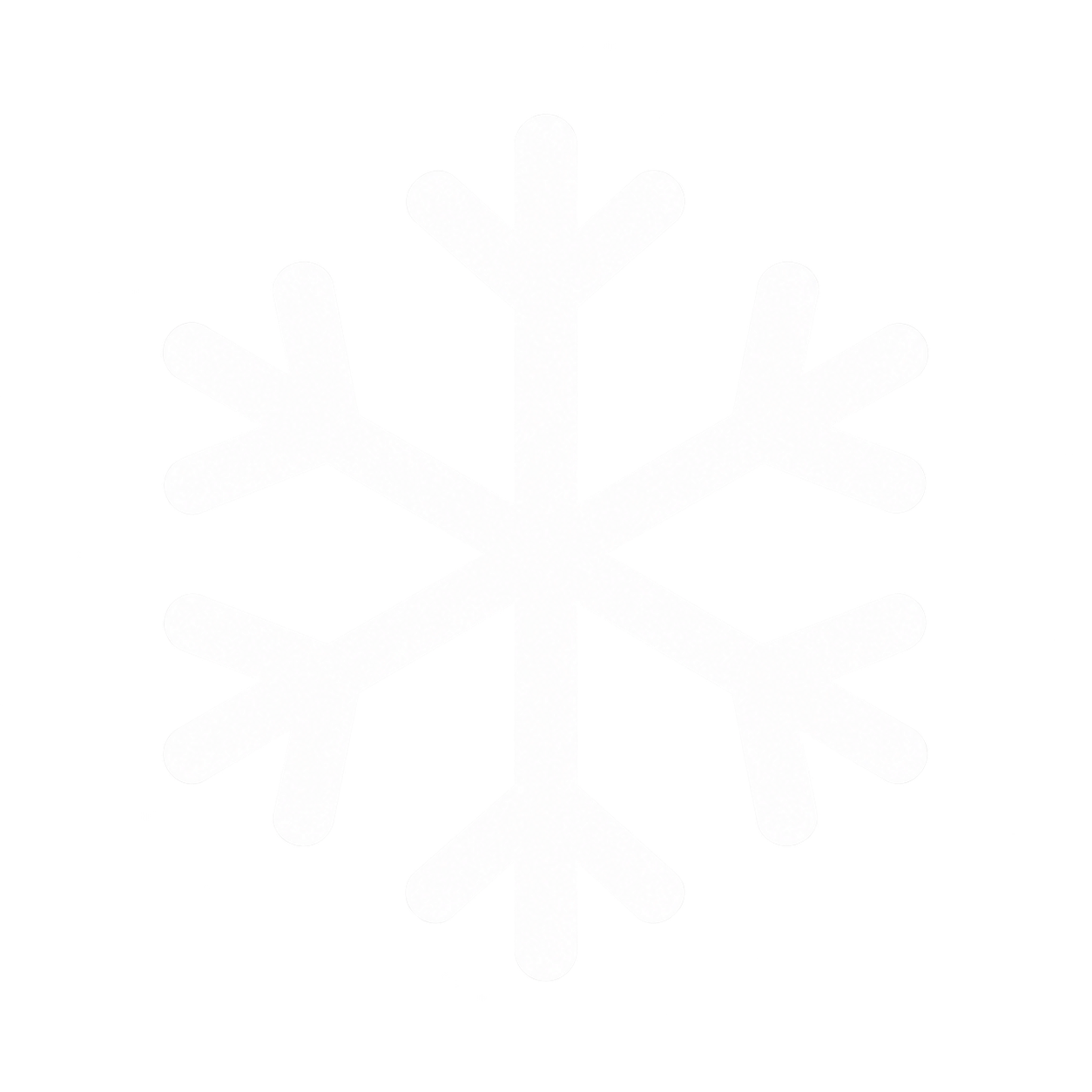 A white snowflake with six branches on a black background.
