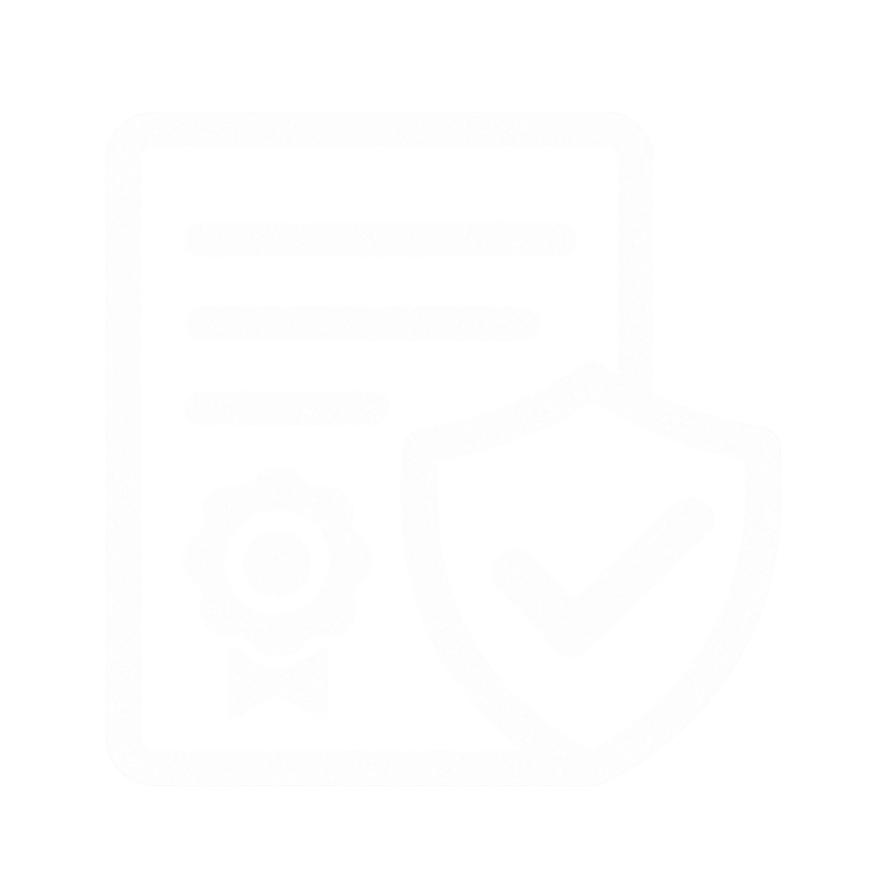 A graphic illustration of a shield with a checkmark inside, overlapped by a gear and a document icon, representing security, settings, and documentation or approval.