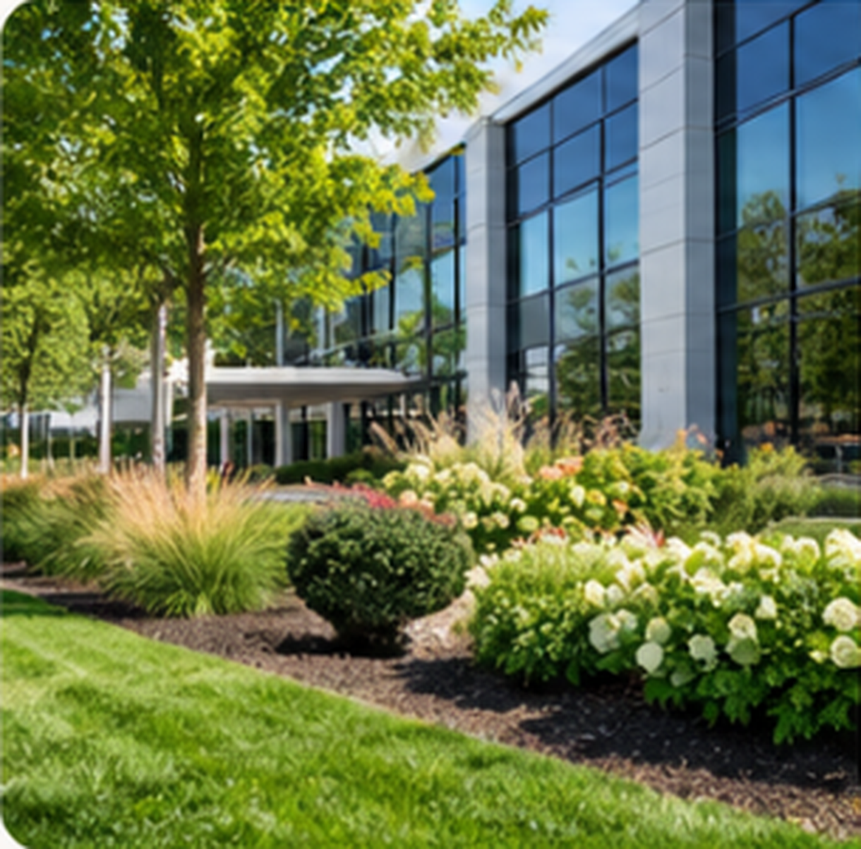 Modern glass-front building surrounded by landscaped greenery with trees, shrubs, and flowering plants.