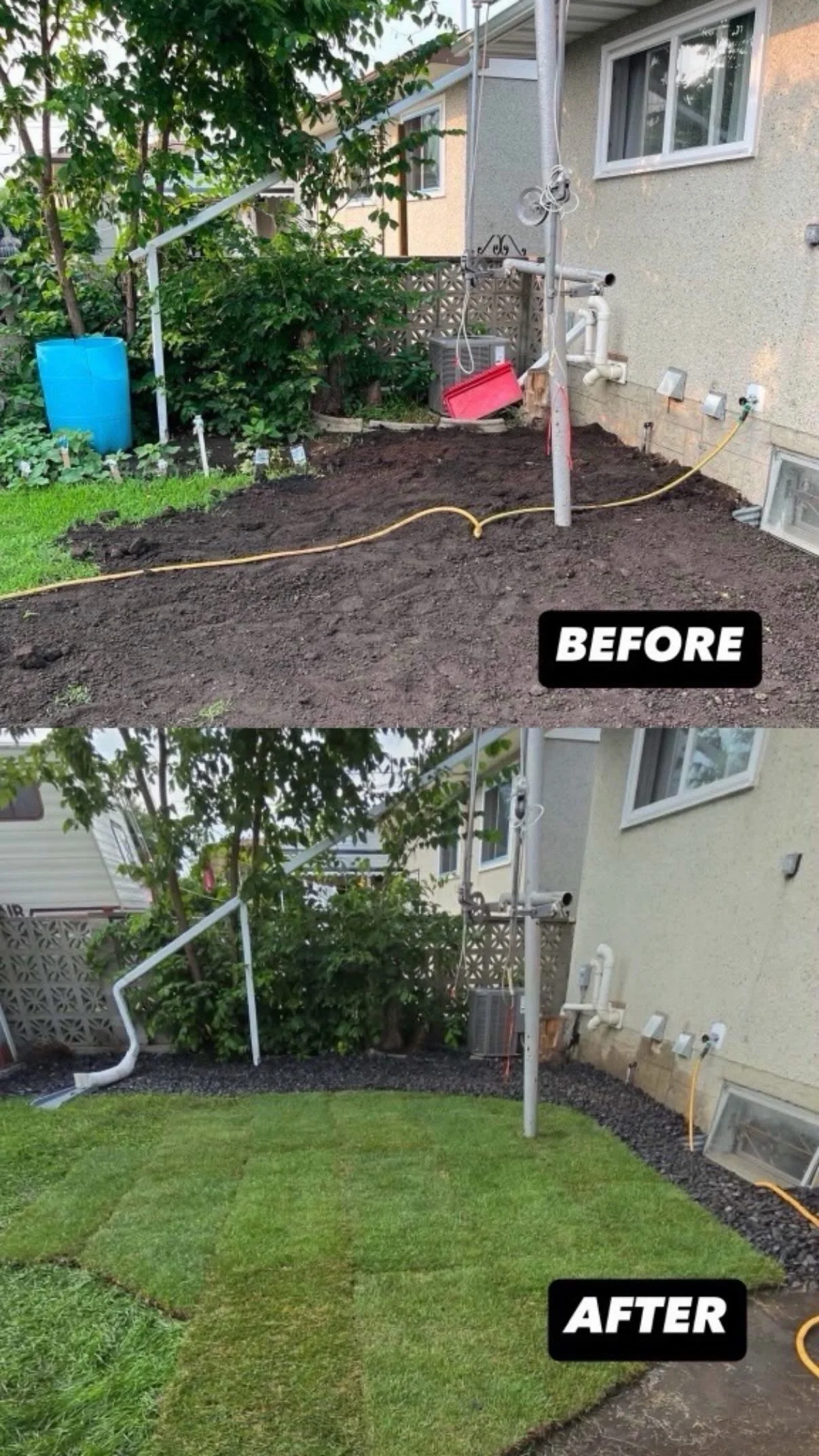 A before-and-after comparison of a backyard. The before image shows a section of garden with dark soil, a blue water barrel, and some plants, with a churned-up garden bed and exposed pipes on the house wall. The after image shows the same area now covered with lush green grass, with a neatly maintained lawn and a curved border along the house, indicating landscaping work completed.