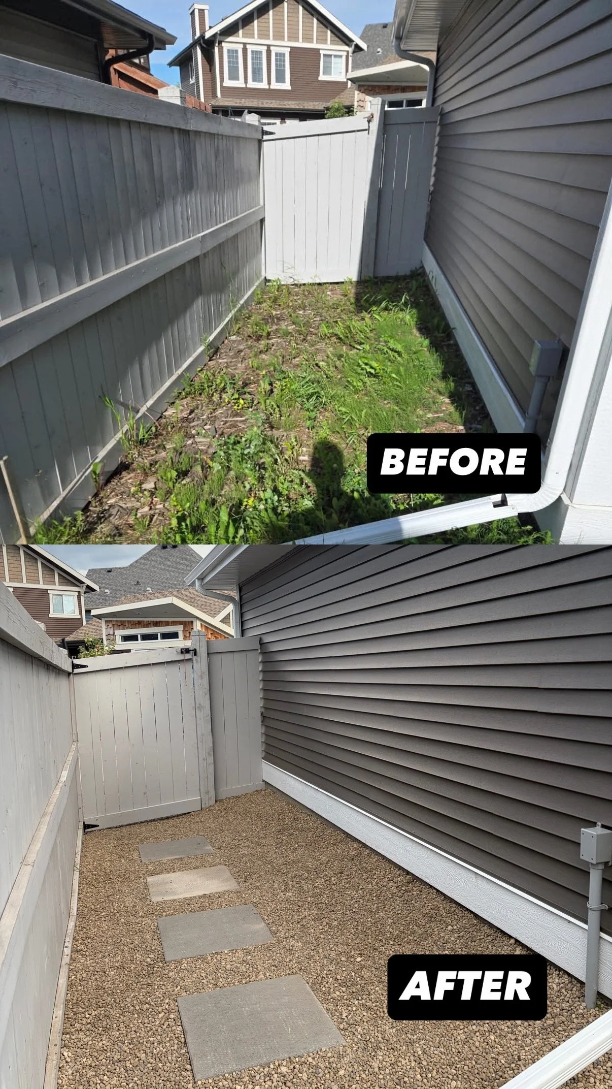 Comparison of a backyard before and after landscaping; the before shows an overgrown, uneven dirt patch with weeds and an old fence, while the after shows a neat, gravel-covered yard with stepping stones and a fresh fence.