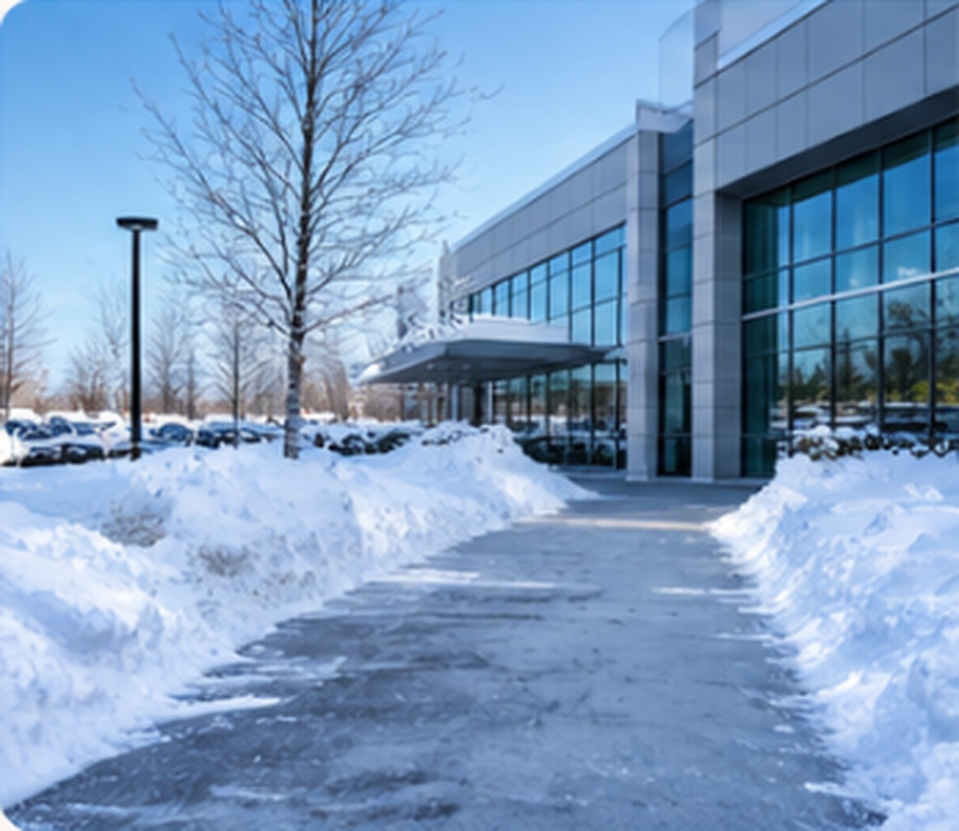 Snow-covered sidewalk leading to an office building entrance with large glass windows, leafless trees, and parking lot with snow-covered cars. Clear blue sky.