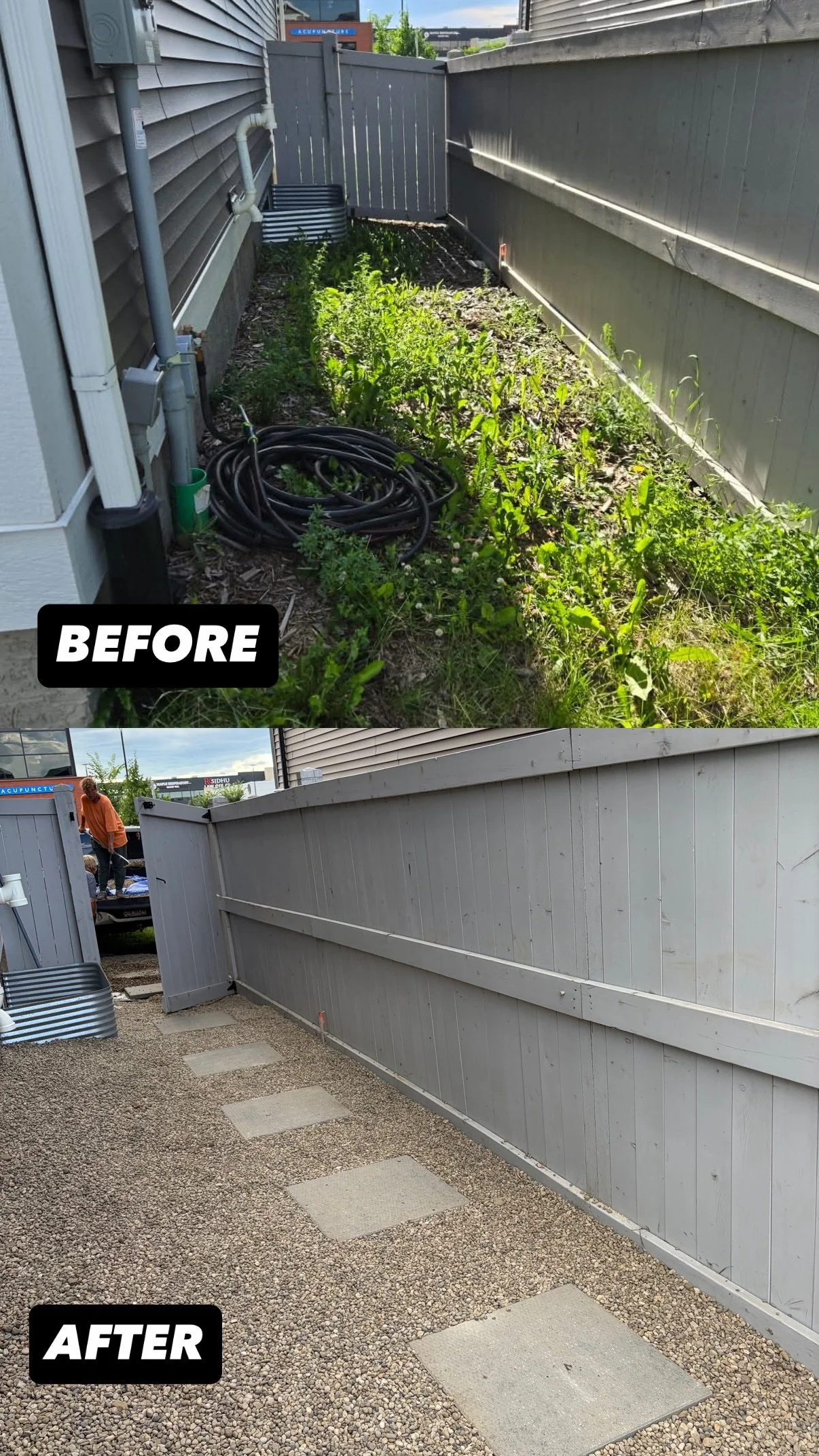 Before and after images of a backyard fence renovation. The 'before' photo shows a fence with overgrown weeds and garden hoses, while the 'after' photo displays a clean, painted fence with a gravel patio and stepping stones.
