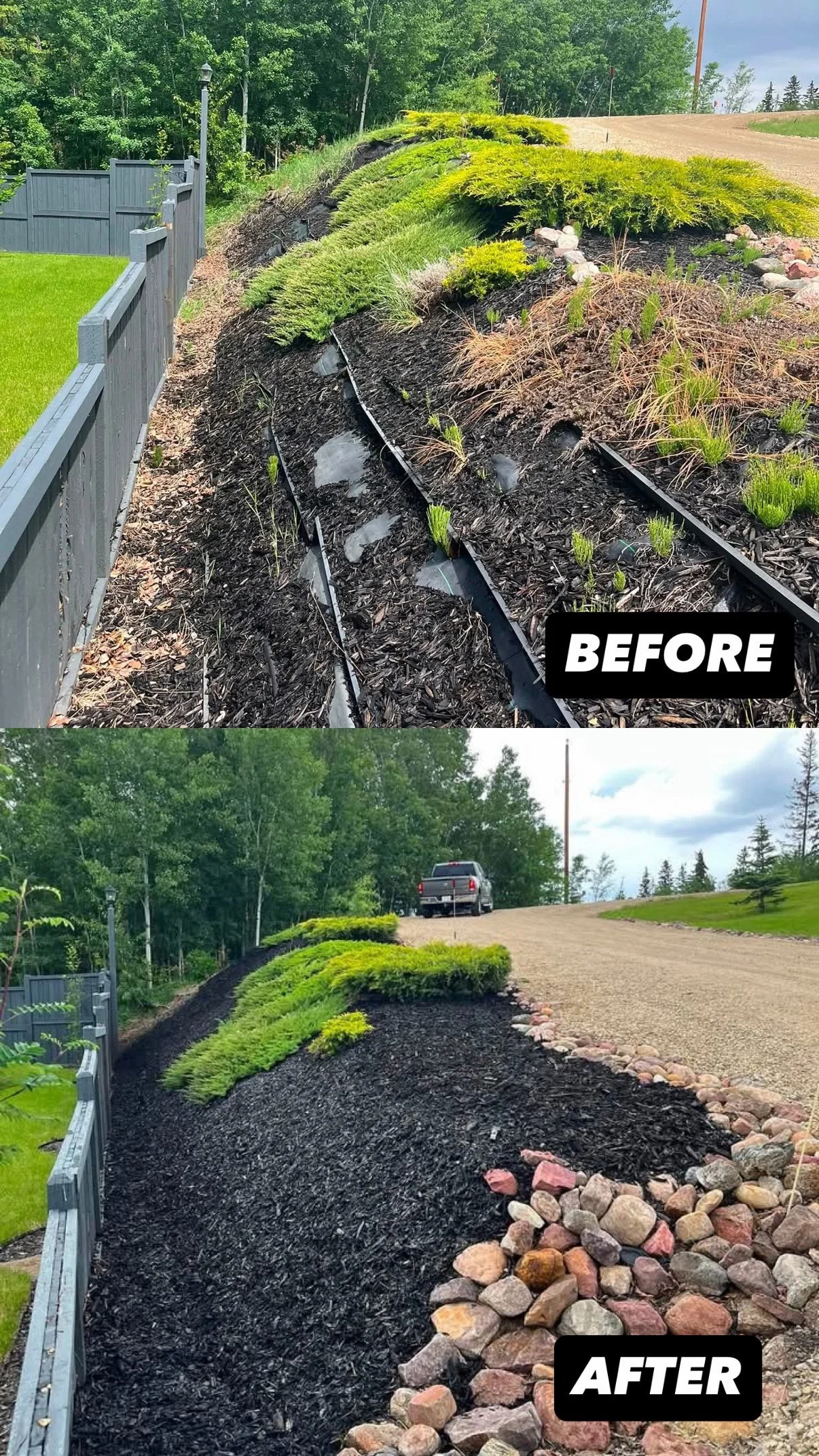Comparison of a landscaped garden bed before and after clean-up. The 'before' shows a bed filled with mulch, weeds, and loose rocks, while the 'after' displays a neat, mulched bed with freshly spread mulch and organized rocks, and a lawn with a pickup truck in the background.