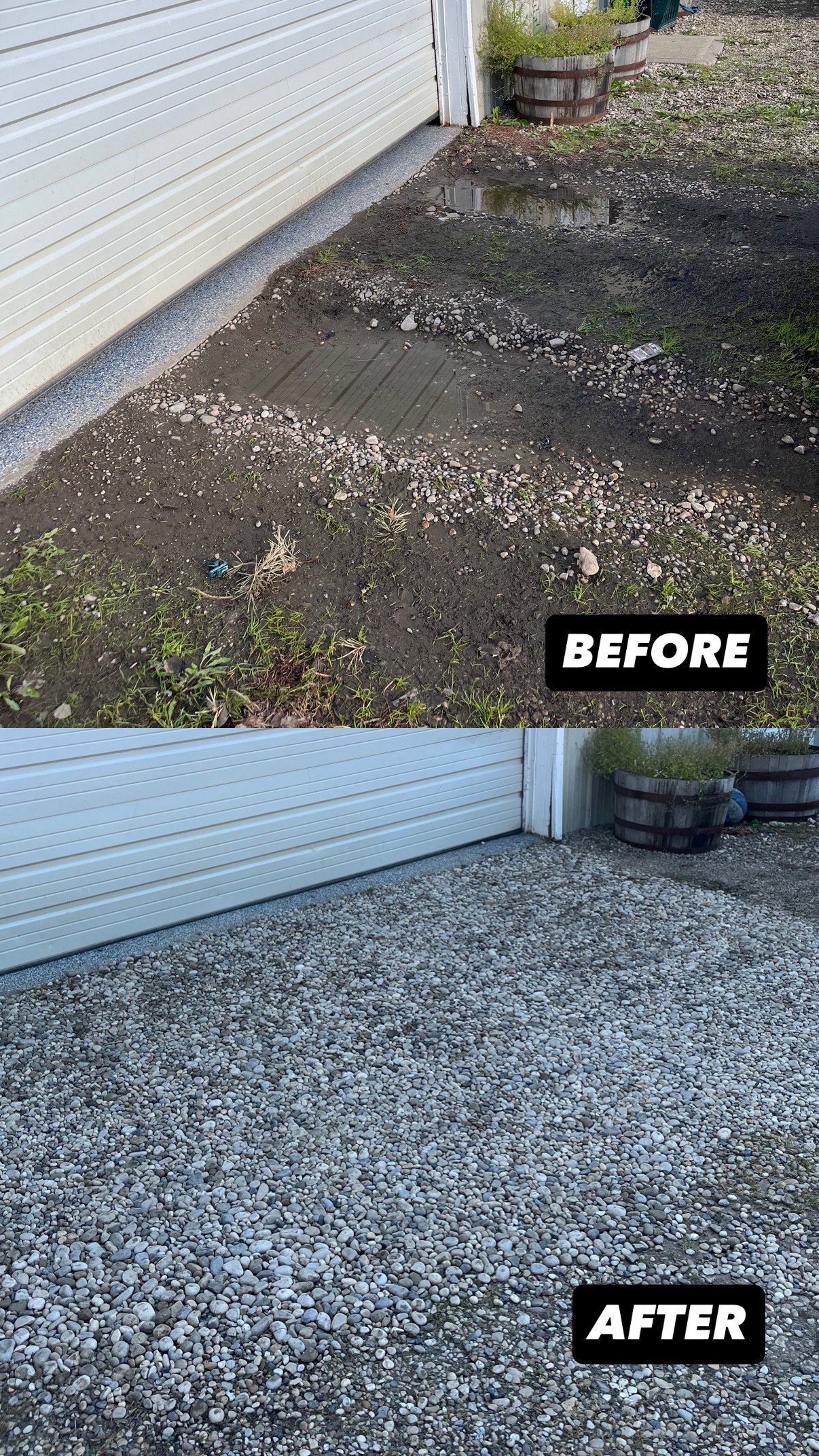 Comparison of a messy dirt and gravel area before and after being covered with small gray and white pebbles for landscaping.