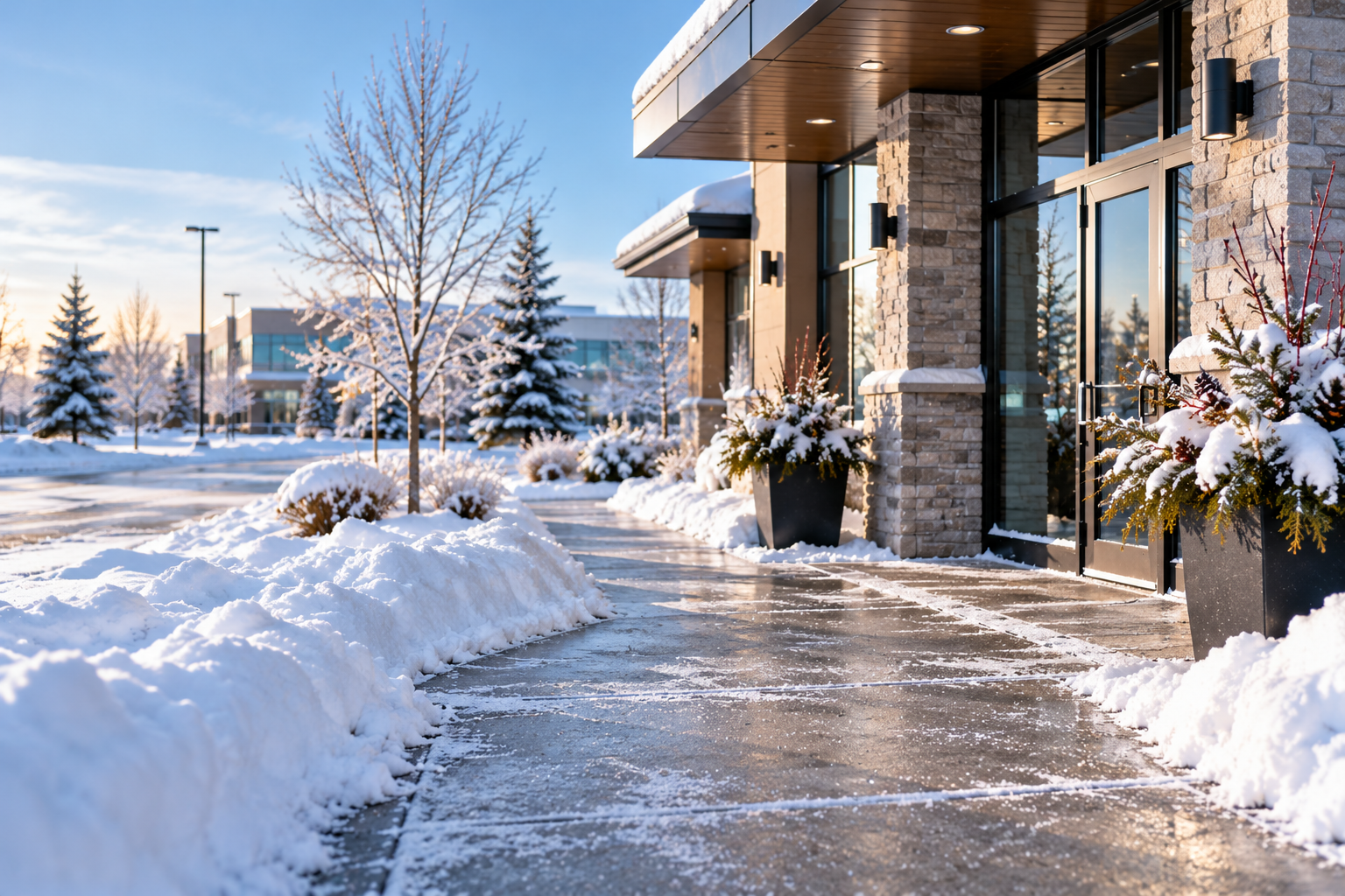 Snow-covered sidewalk and plants outside a modern building with large glass windows during winter.