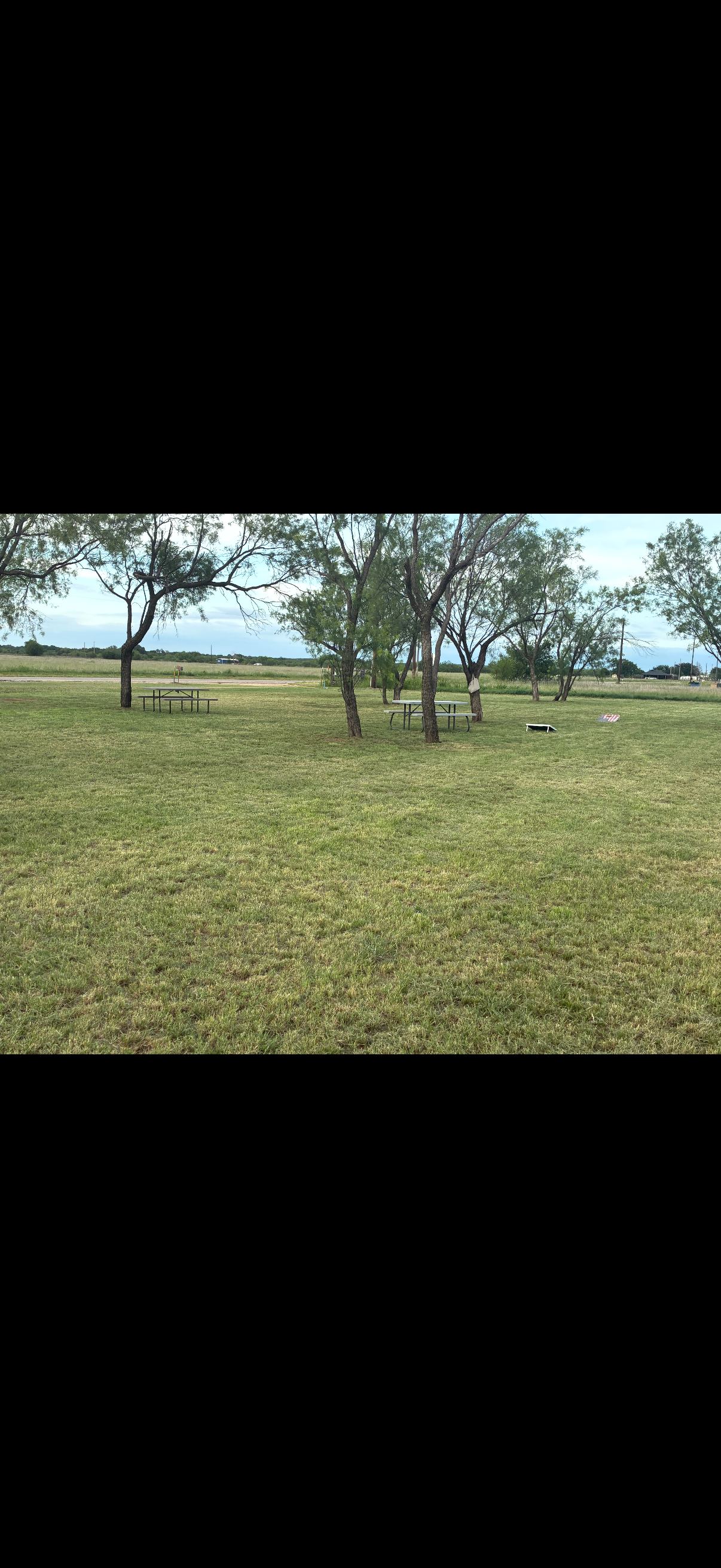 Open grassy field with trees, picnic tables, and cornhole game boards outdoors.