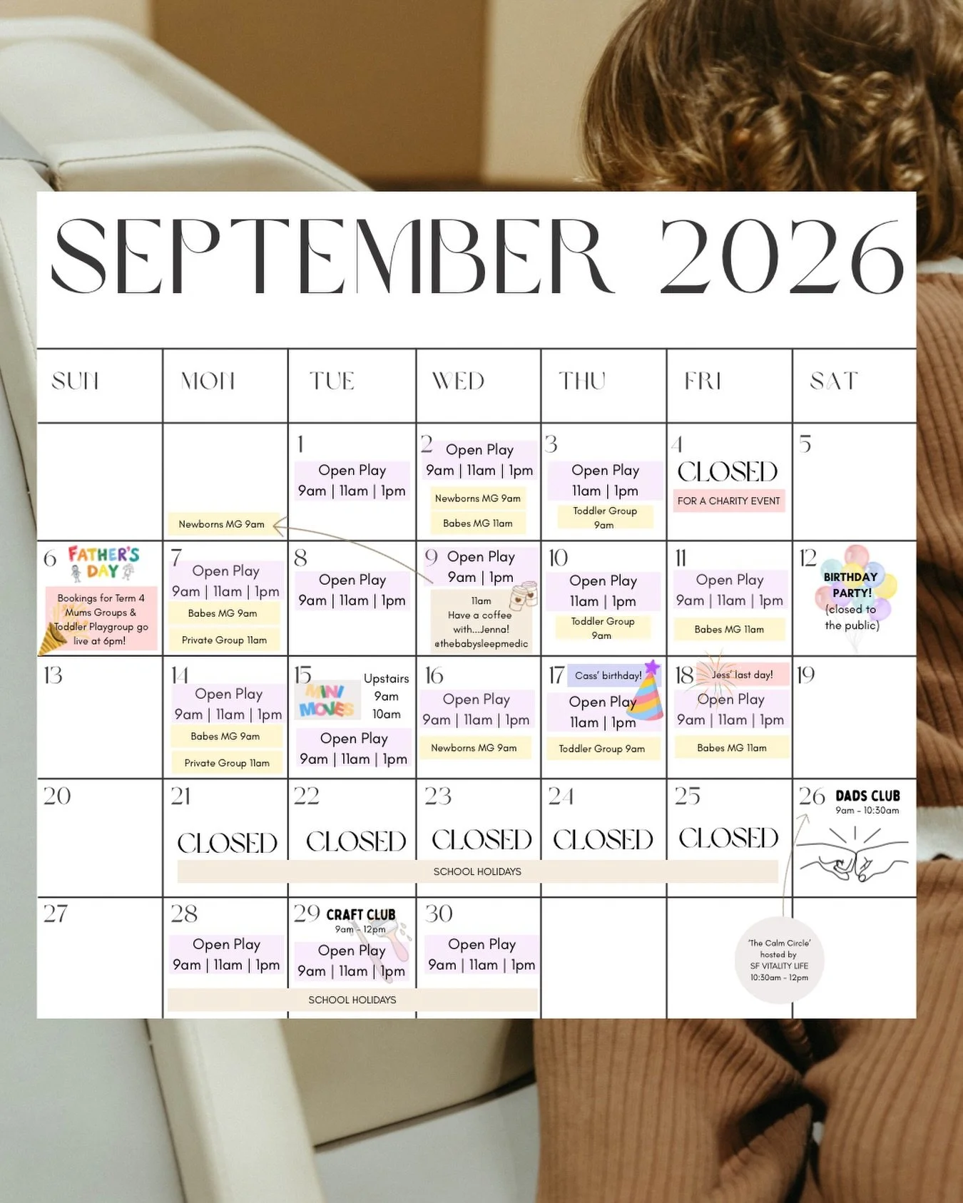Hellooooooo September ☀️🌸🫶🏼

So many beautiful things are happening in September! 

✨ Sunday 6 September - T4 MUMS GROUPS &amp; TODDLER PLAYGROUP BOOKINGS GO LIVE @ 6PM 
✨ Wednesday 9 September - Have a coffee with&hellip;Jenna! @thebabysleepmedic
