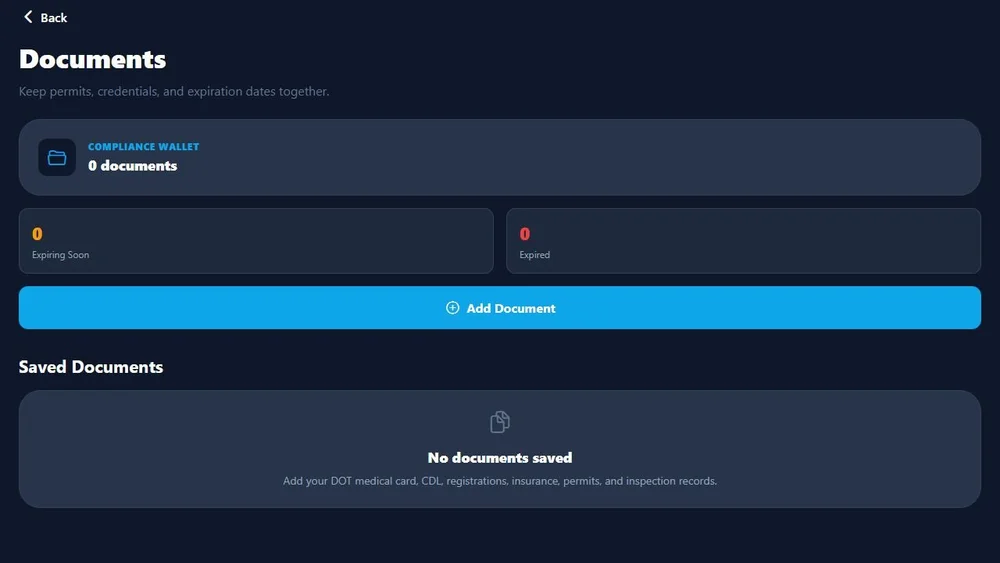 Truck Companion documents screen with permits and expiration dates