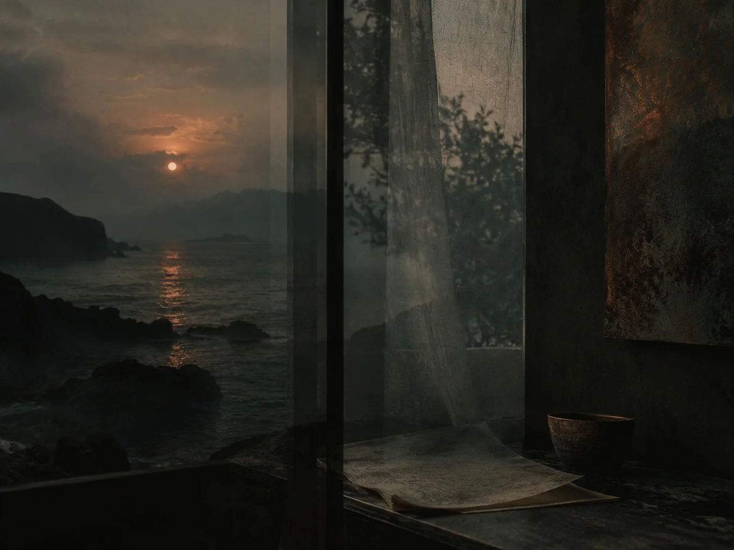 Twilight view of a rocky shoreline seen through a window, with dark water, reflected sunset light, and papers resting on a table in the foreground.