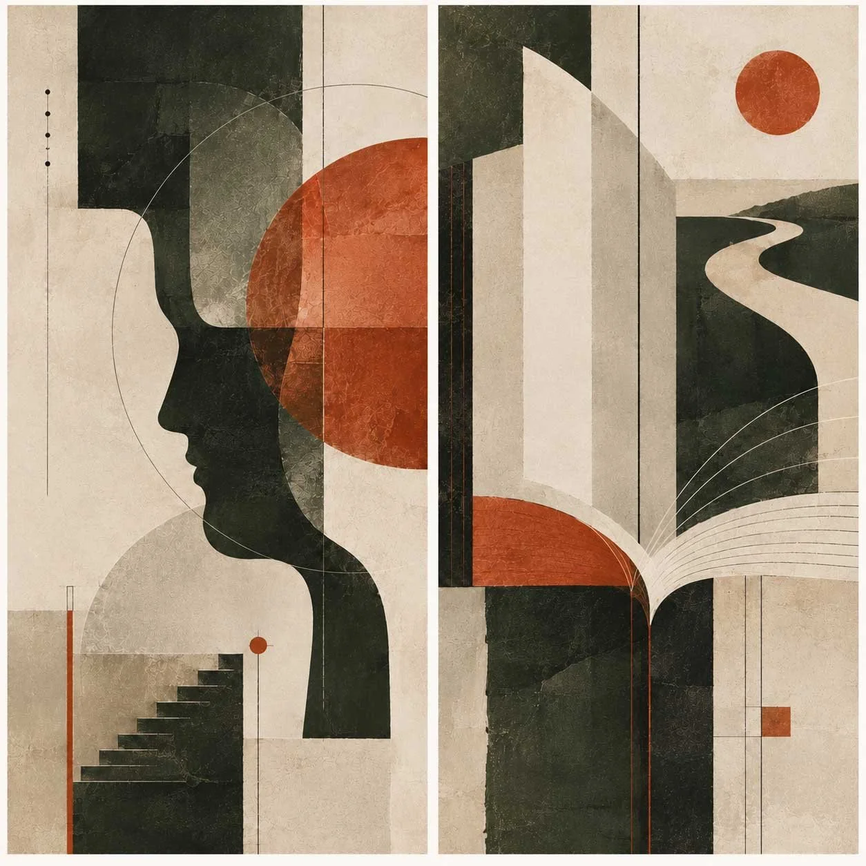 Abstract human profile surrounded by geometric lines and pathways in olive, rust, cream, and charcoal, suggesting patterns, reflection, and new directions