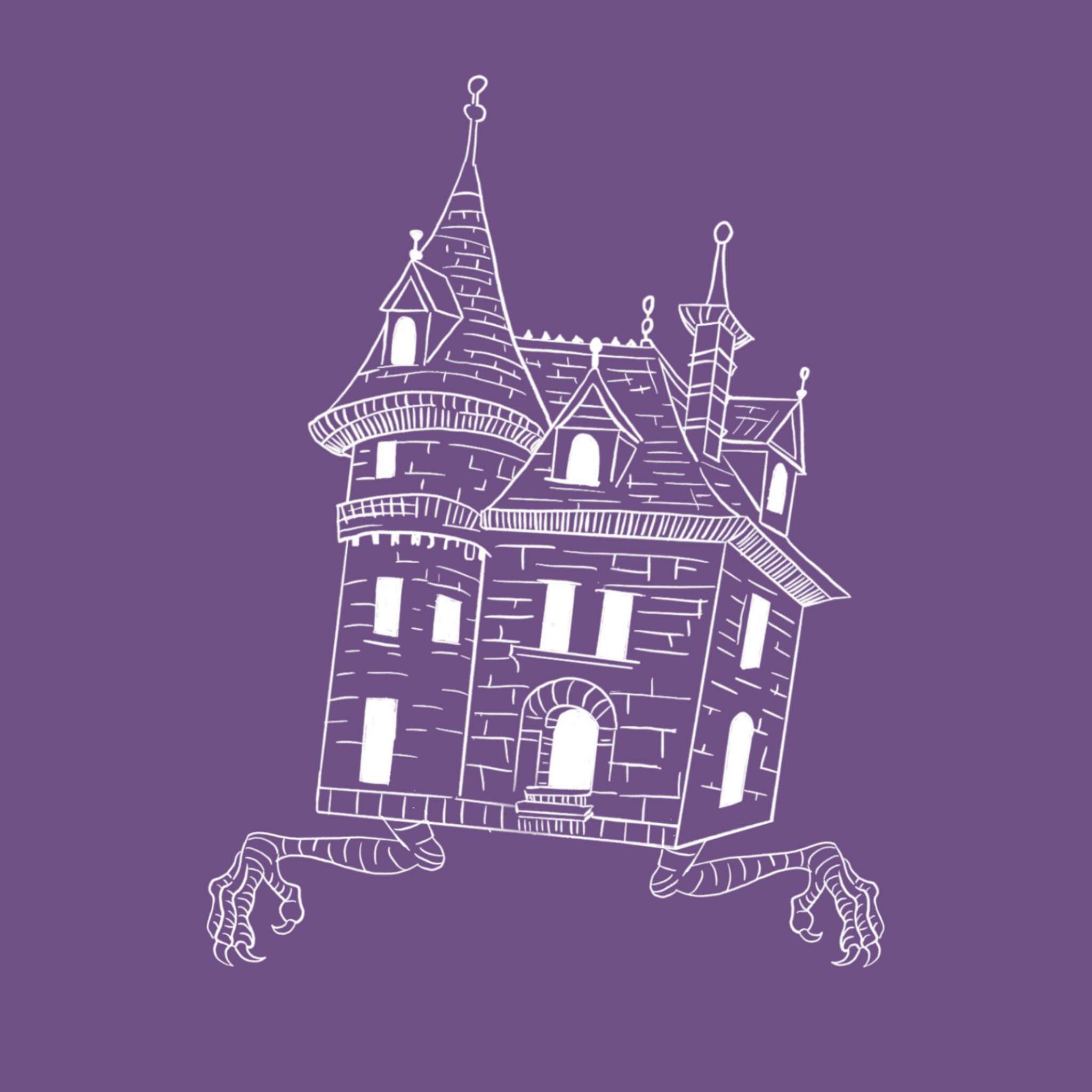 Outline drawing of a mythical dragon with a castle on its back, set against a purple background.