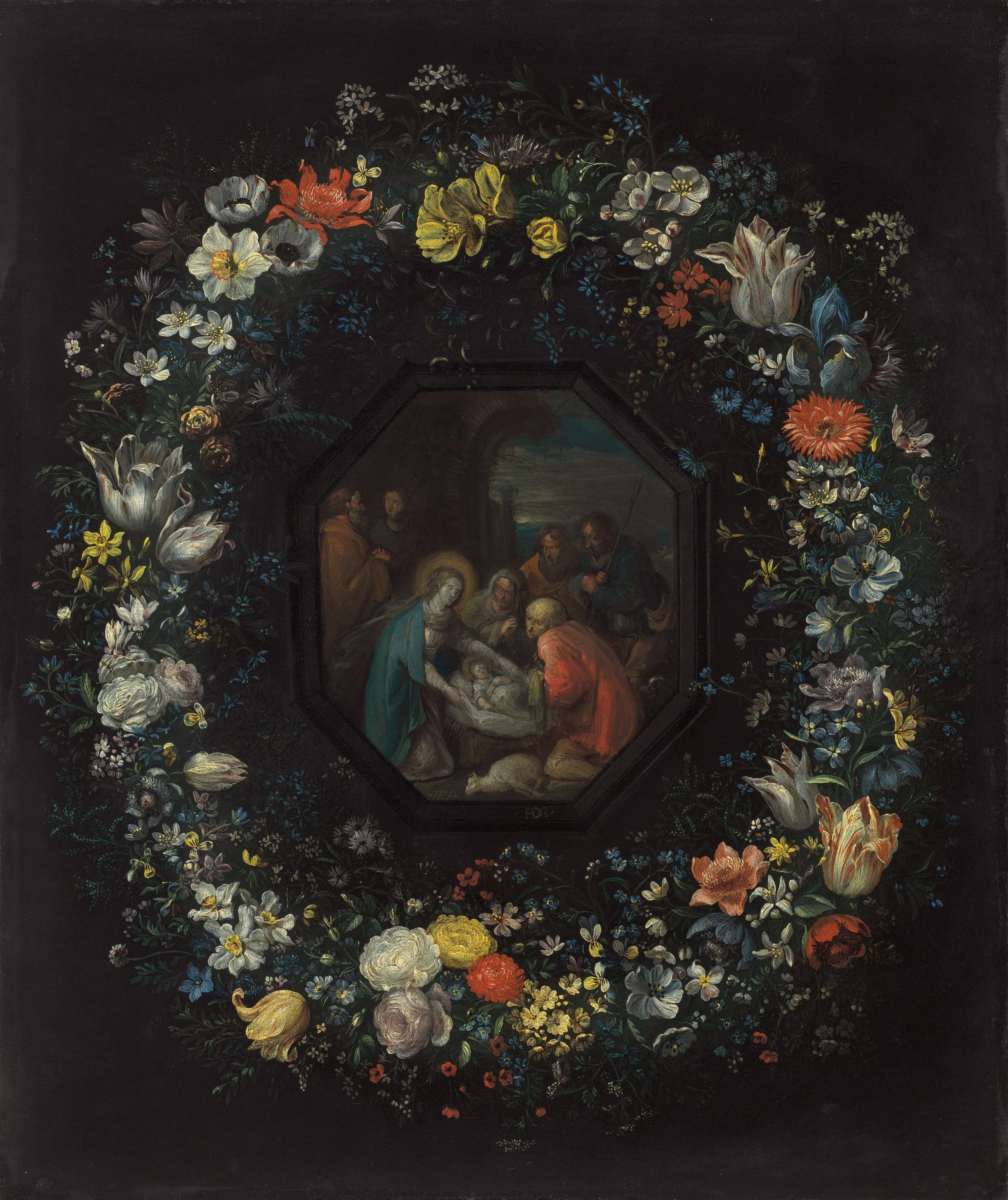 A floral arrangement surrounding a painting of a religious scene depicting the Holy Family with angels, set against a dark background.