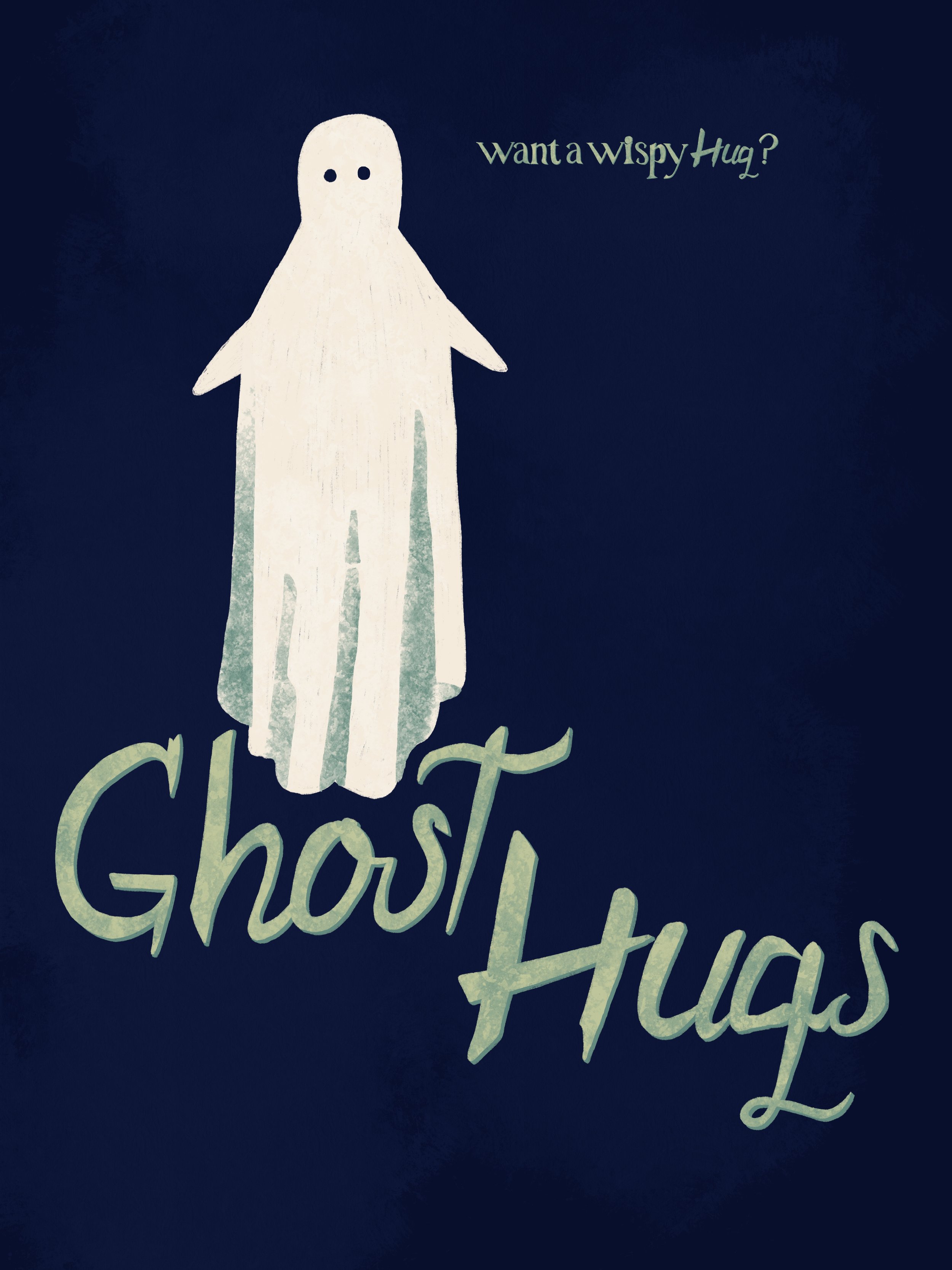 A ghost illustration with the text "want a wispy hug?" on a dark background, partially visible cursive text at the bottom.