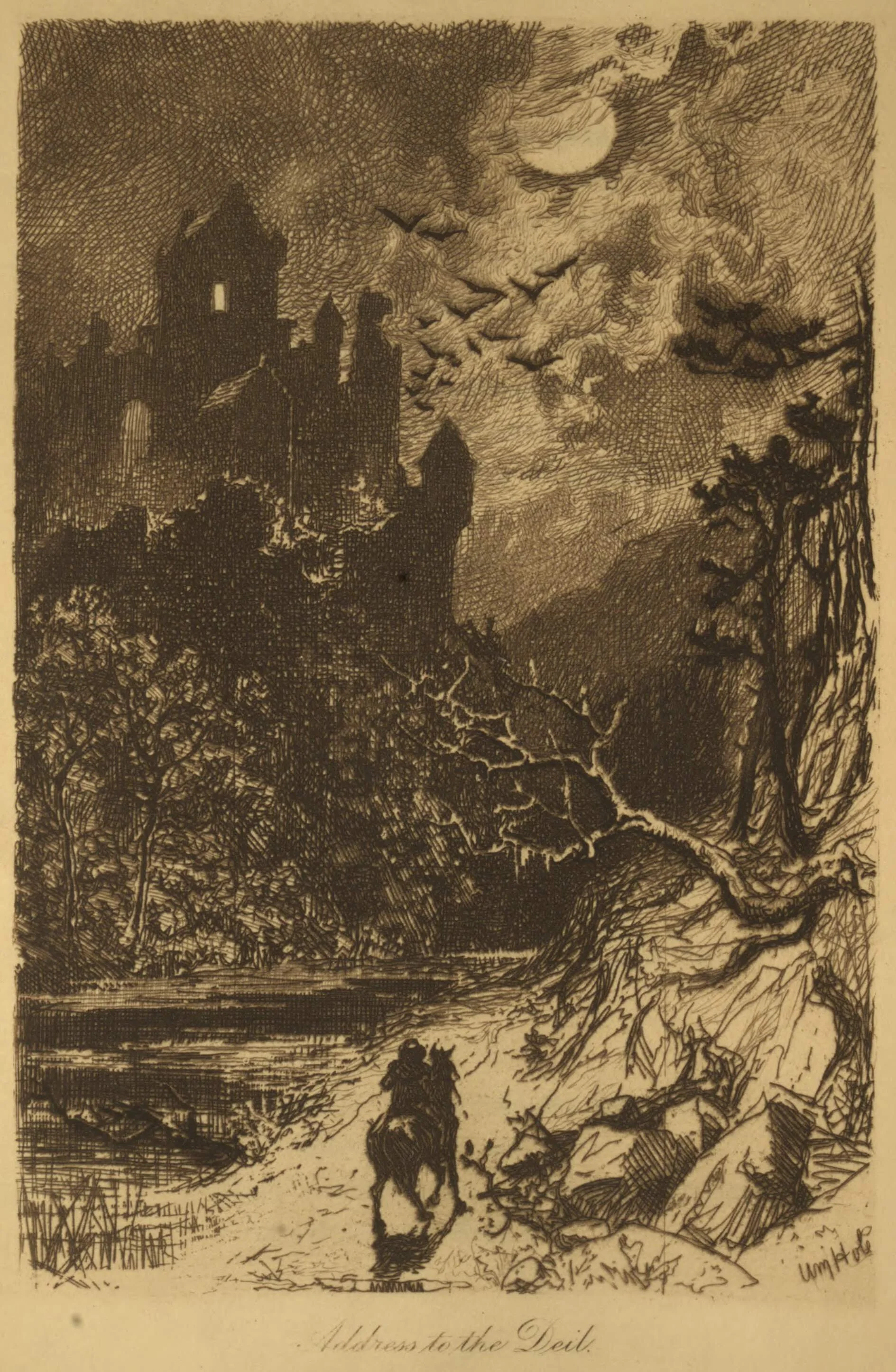 A detailed ink drawing depicts a solitary rider on a horse walking along a rocky path through a landscape of barren trees and cliffs under a cloudy sky with the moon shining bright. In the sky, numerous birds are flying, and in the background, there's a ruined castle perched on a hill.