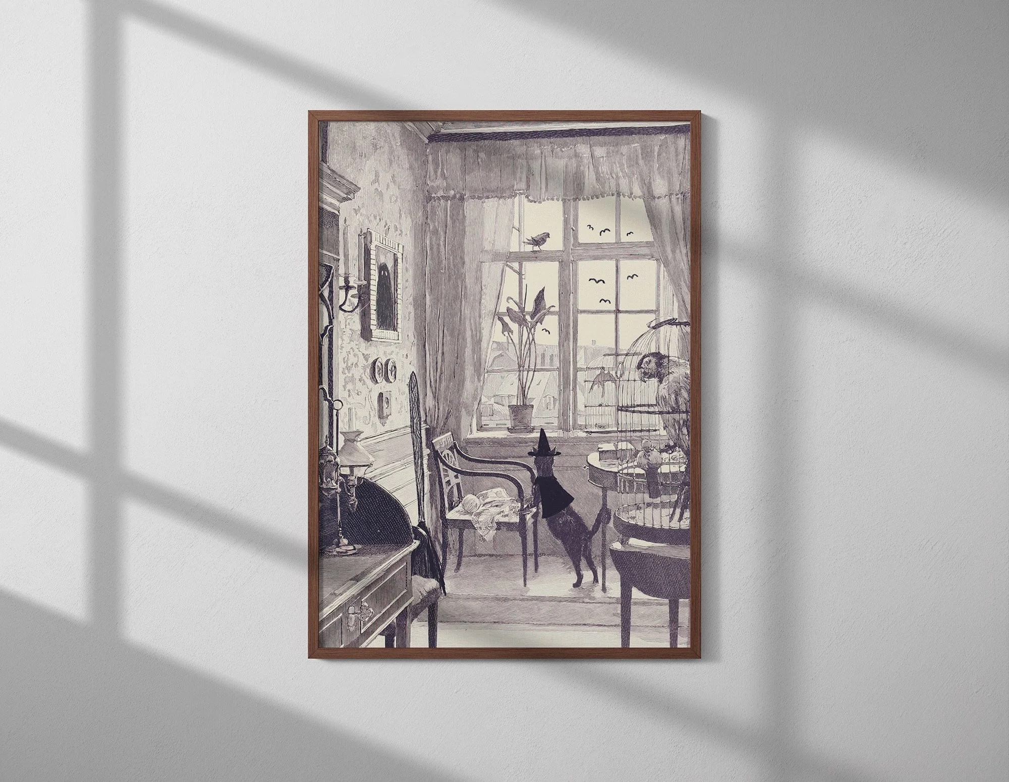 A framed black and white painting of an interior room with large windows, a bird on the windowsill, a dog, furniture, and hanging plants.