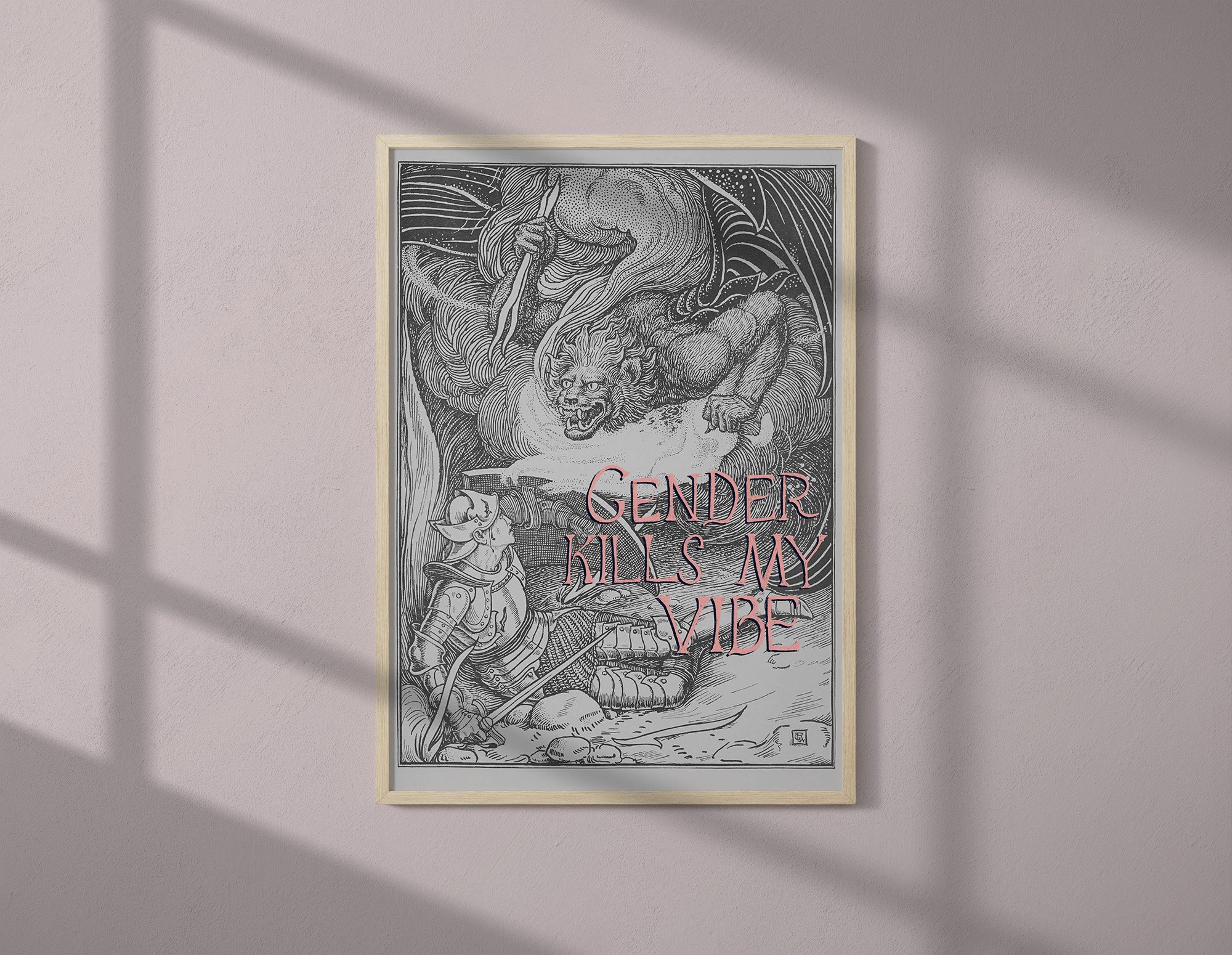 A framed black and white illustration featuring a fierce lion and a winged figure dressed as a knight, with the caption 'GENDER KILLS MY VIBE' in pink letters.