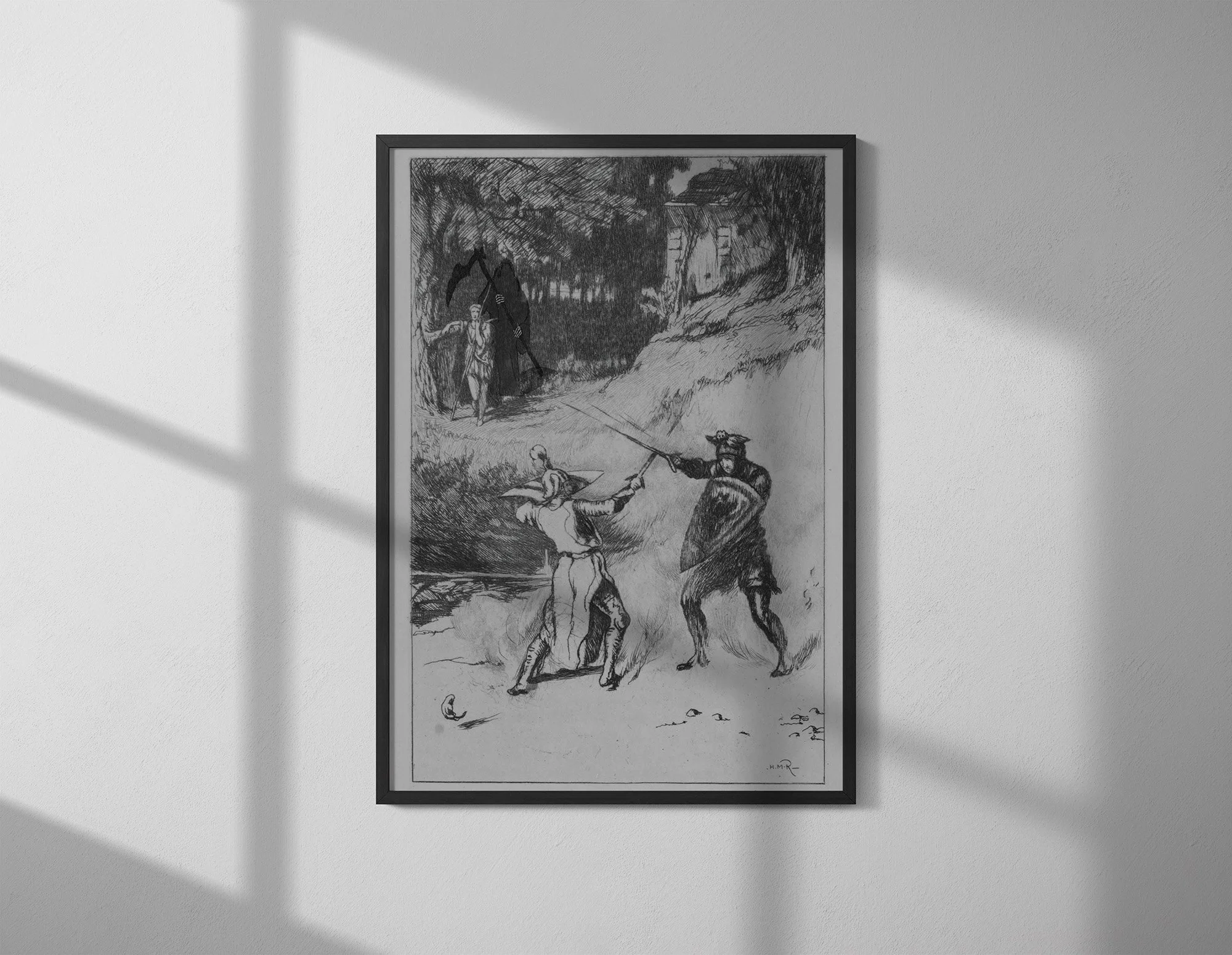 A black-and-white drawing of two people fighting with swords, with trees and a cabin in the background and a person watching the sword fight and the Grim Reaper standing behind them, on a framed wall.