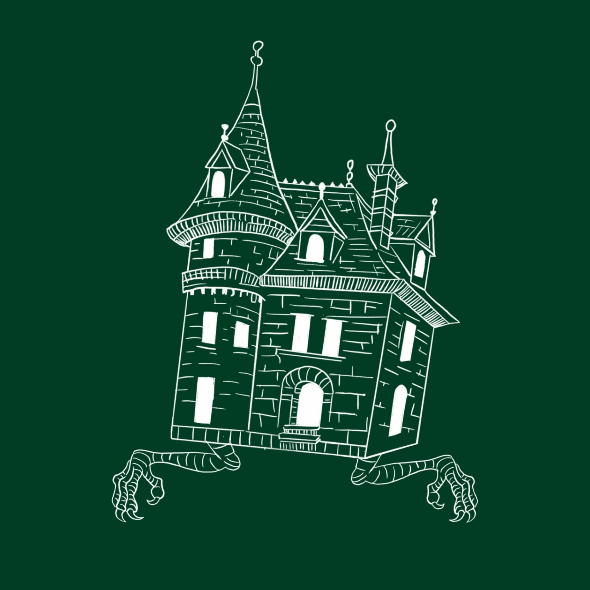 Line drawing of a castle with multiple turrets, spires, and arched windows on a dark green background.