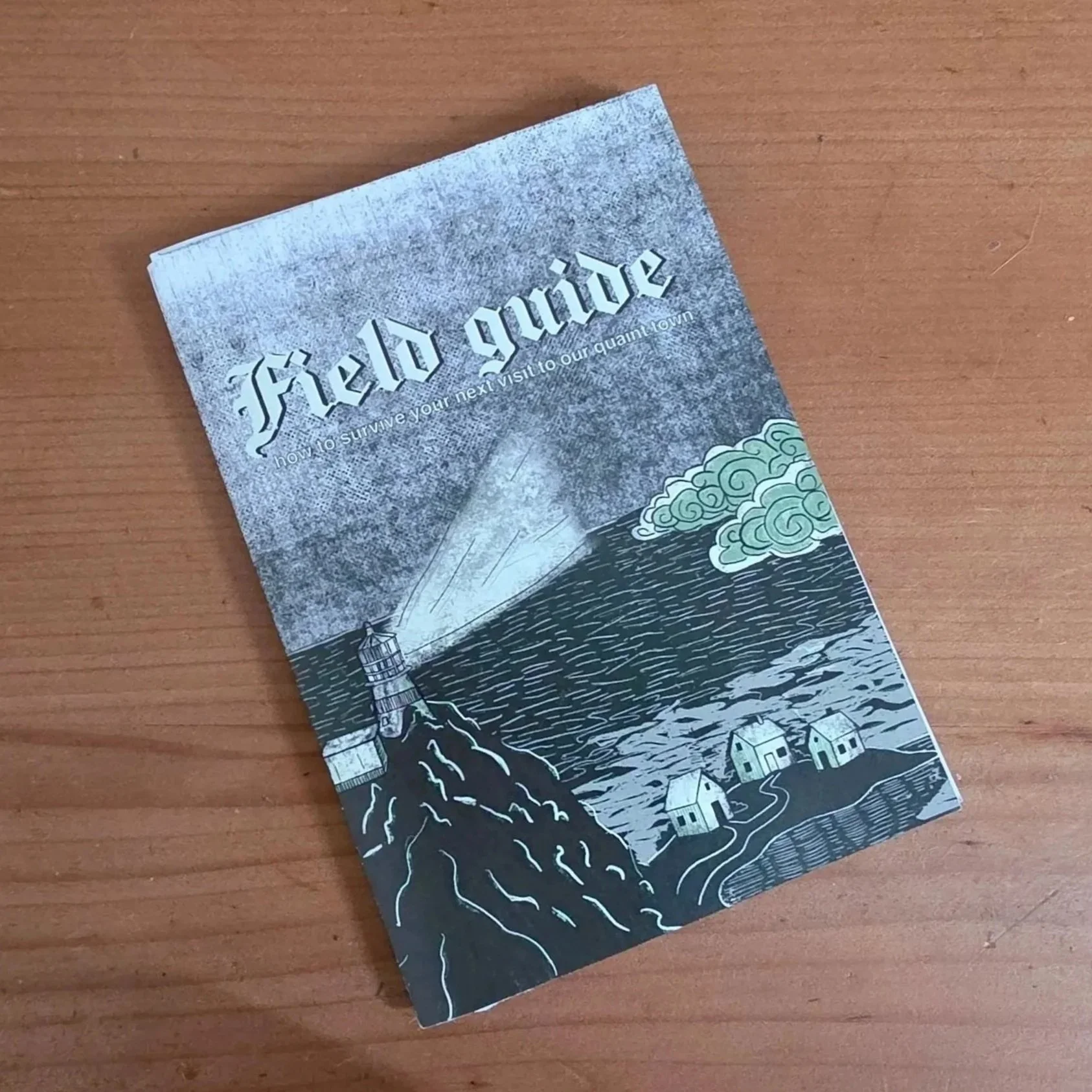 A brochure titled 'Red River: how to survive your next visit to our quaint town' featuring a river, mountains, and small houses on its cover, with artistic illustrations in black, white, and teal colors.