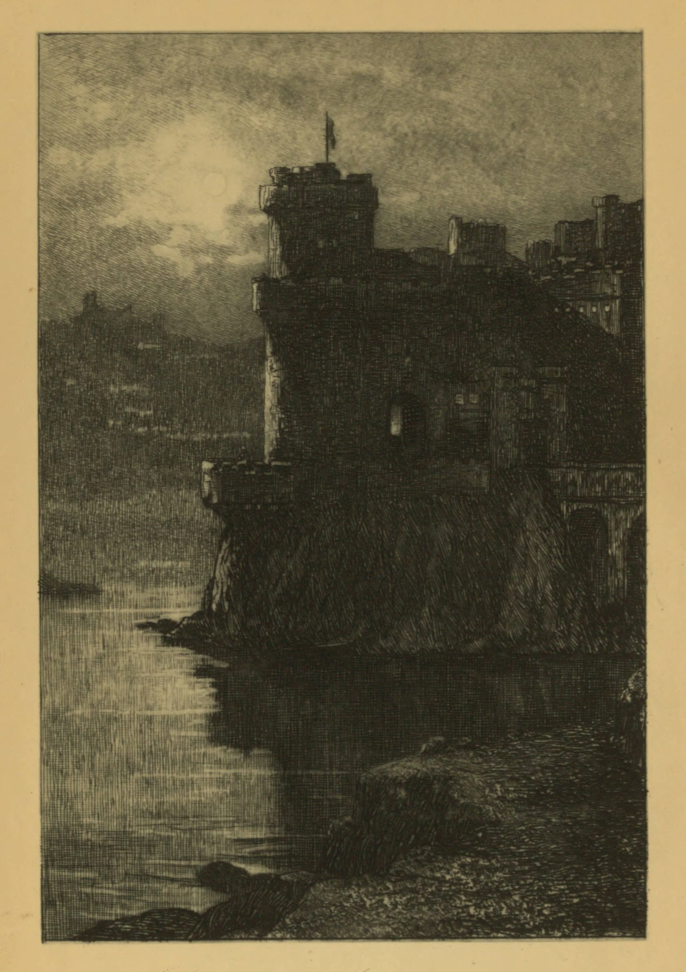 Black and white illustration of a coastal cityscape, showing a large building with a flag on top, overlooking the water with smaller buildings and rocky shoreline visible.