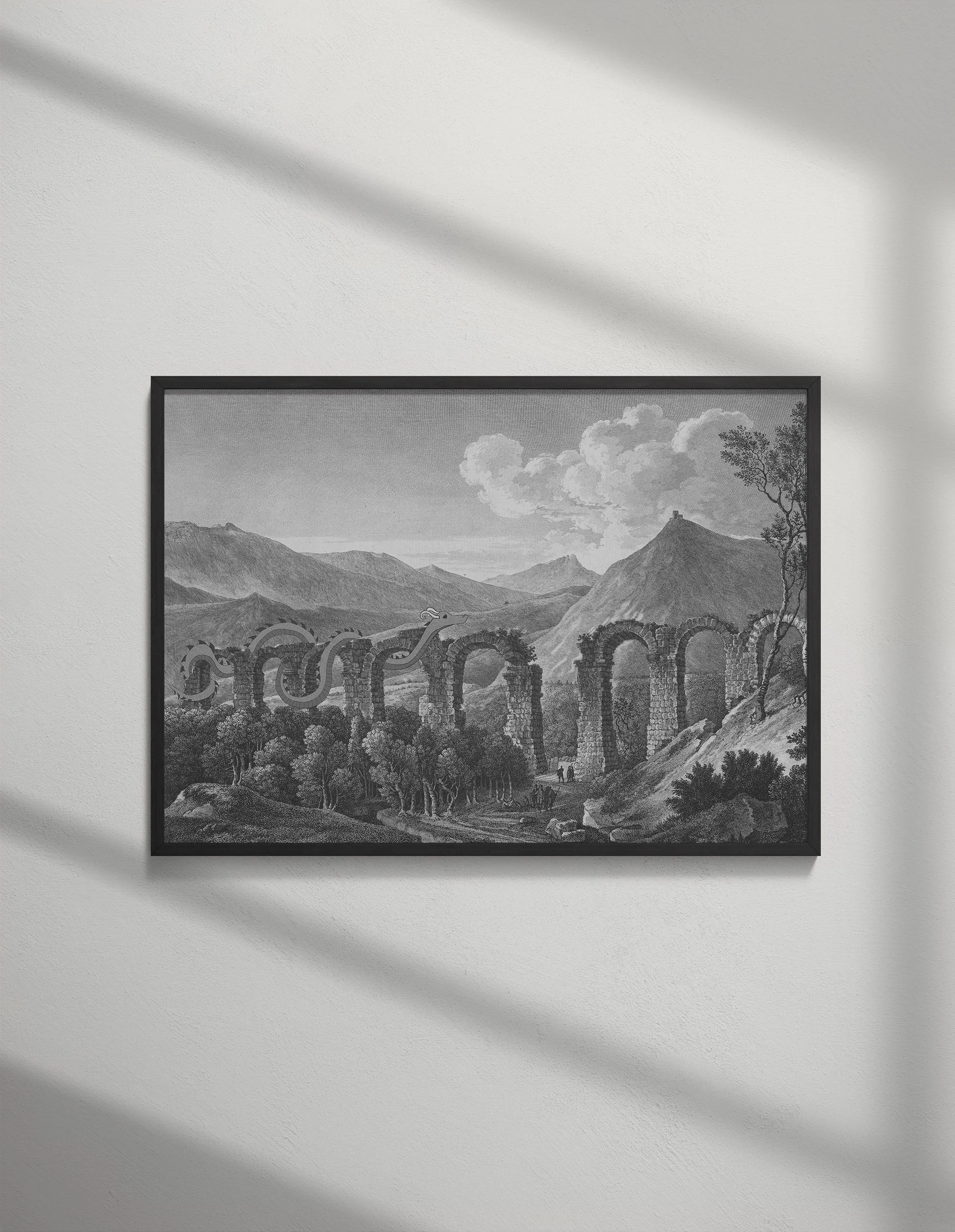A black and white landscape artwork featuring mountains, clouds, trees, and ancient ruins or arches, with a small group of people in the foreground and a dragon wrapped around the top of the ruins.