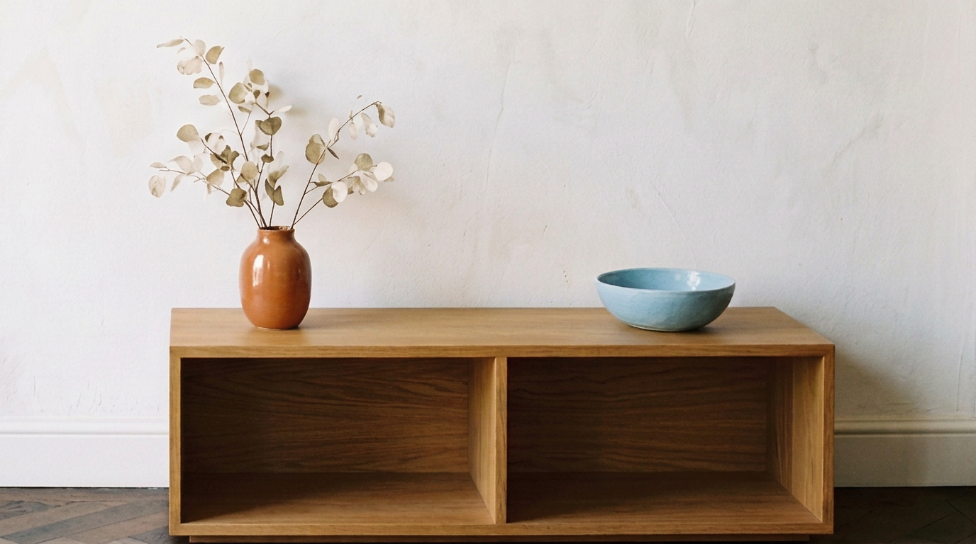 A wooden shelf with two open compartments, decorated with a brown vase holding dried branches on the left and a light blue ceramic bowl on the right.