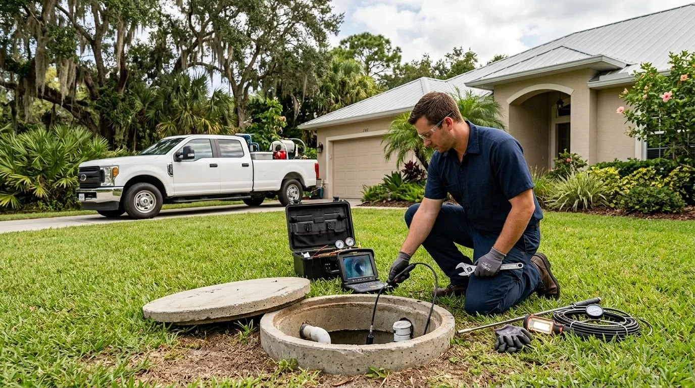 Septic Technician Inspecting Tank