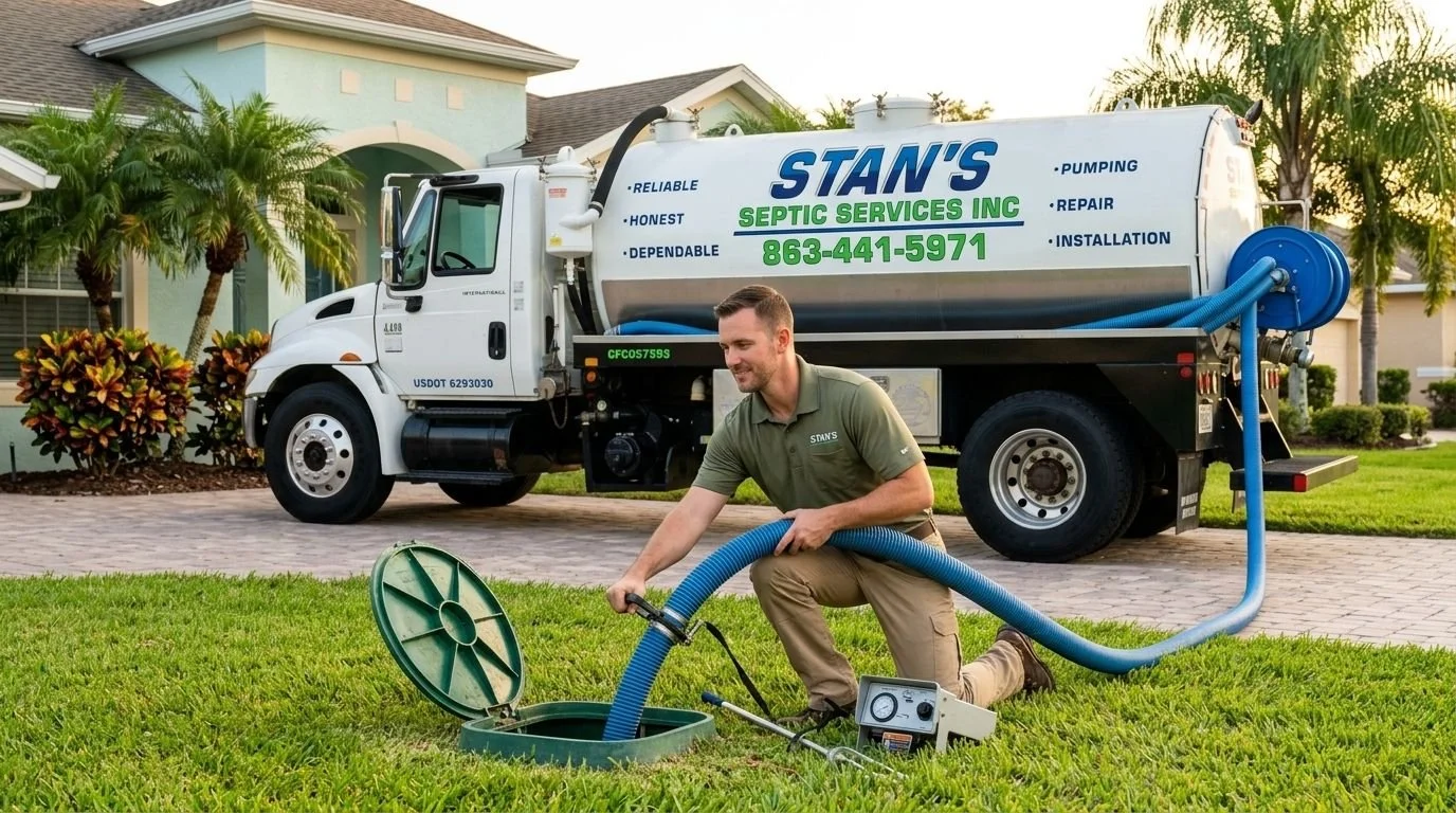 A technician kneeling on the grass pruning a septic tank opening using a hose and equipment, with a septic service truck in the background next to a house with palm trees.