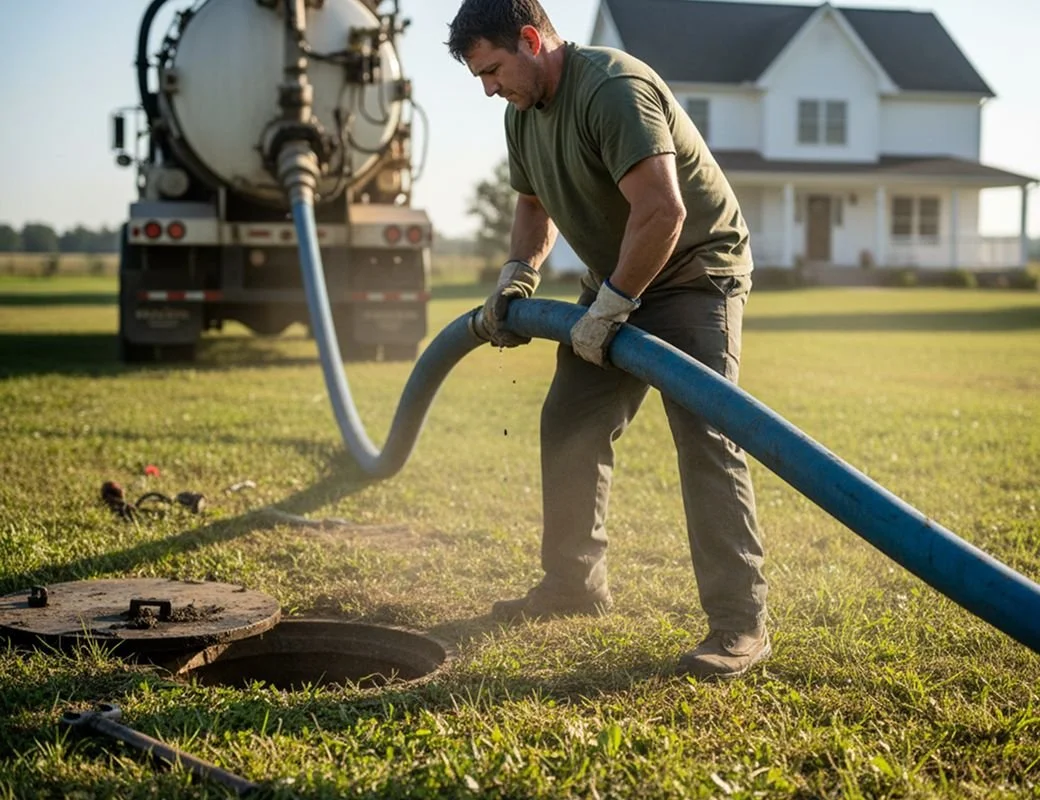 A man in a green t-shirt and gloves is using a hose to pump liquid into an underground tank on a grassy field near a white house.