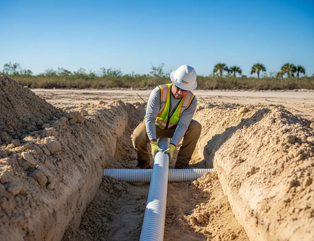 Construction worker installing a large white pipe in a sandy trench at a construction site with clear blue sky and trees in the background.
