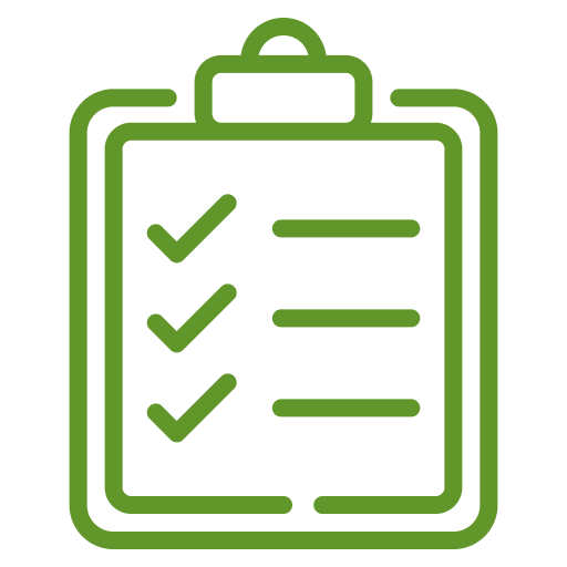 Green checklist clipboard icon with three checked items.
